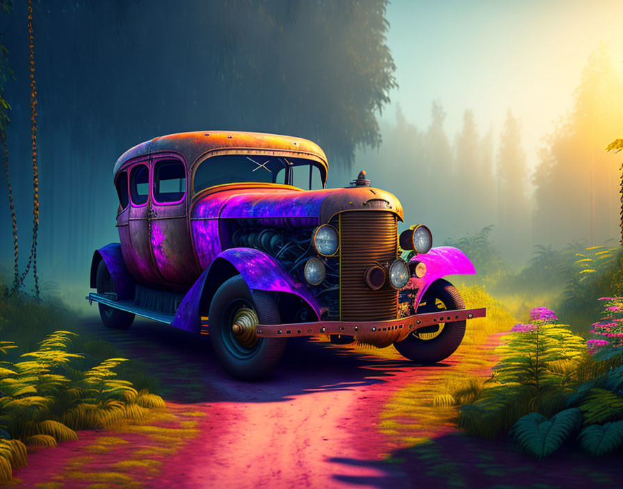 Colorful Vintage Car Parked on Forest Path at Sunrise or Sunset