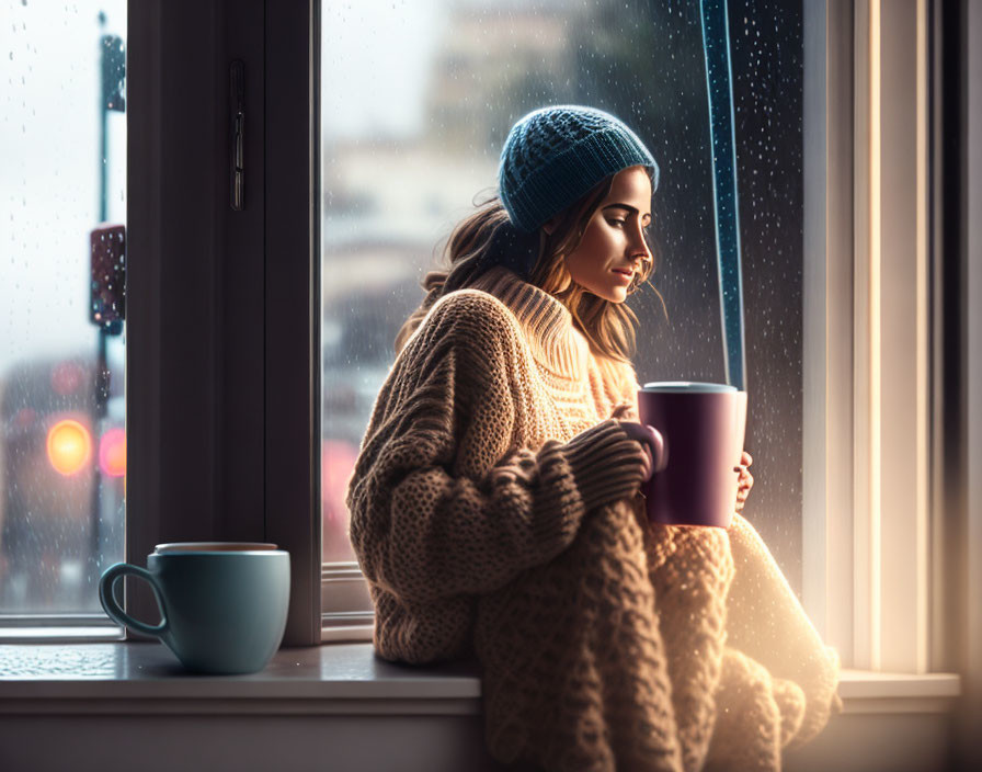 Person in cozy sweater by rainy window with mug & city lights view