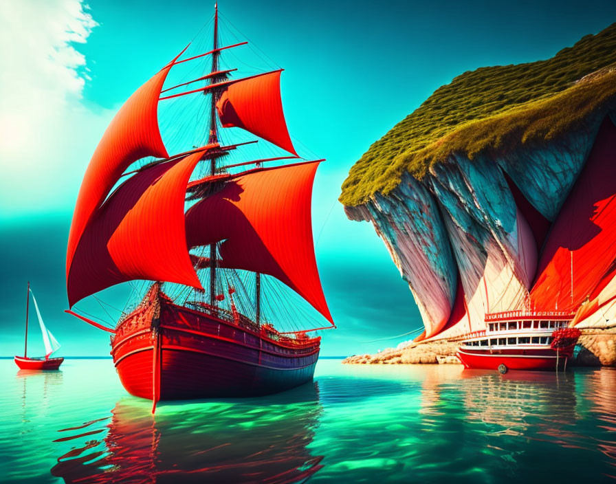 Large ship with red sails near lush green cliffs on clear blue sea