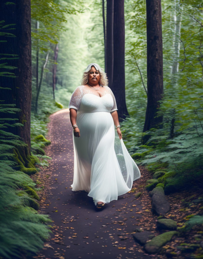 Woman in White Dress Walking Through Serene Forest