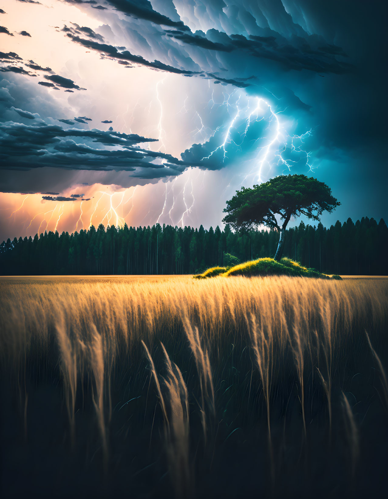 Dramatic sky with lightning bolts over lone tree on grassy hill