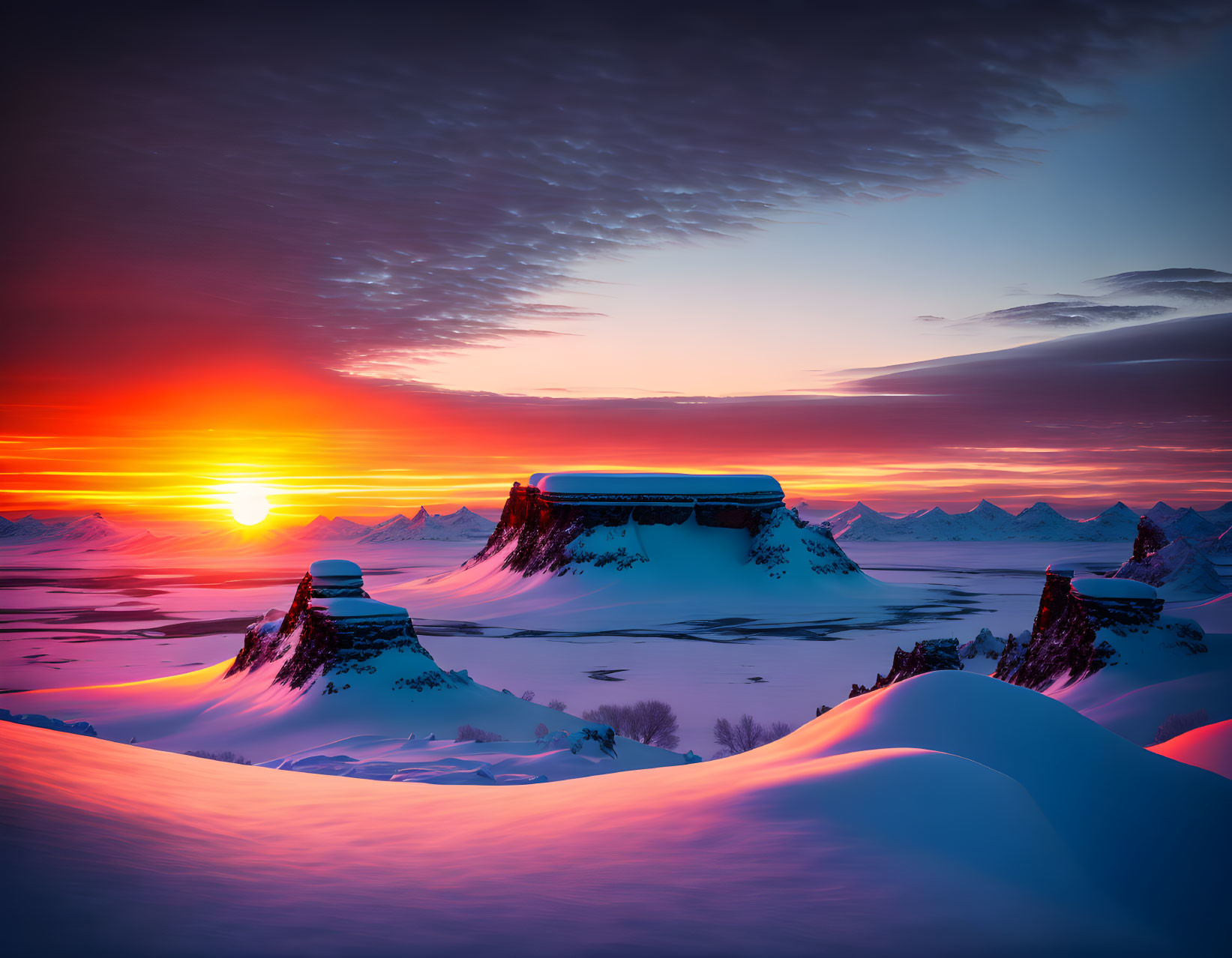 Snowy landscape at sunset with silhouetted mountains and vibrant skies.