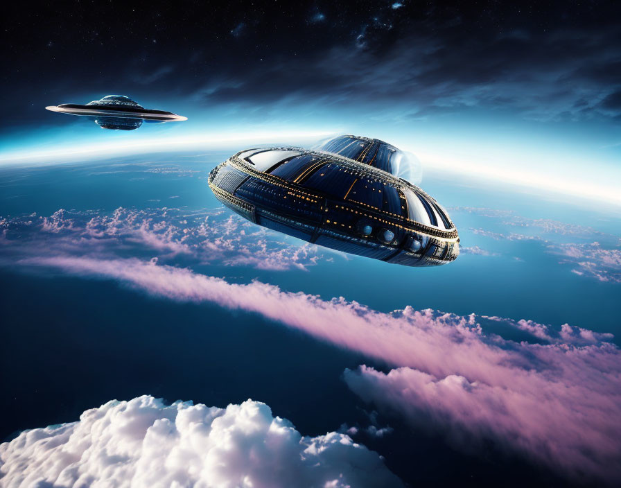 Futuristic UFOs above Earth's clouds in space.