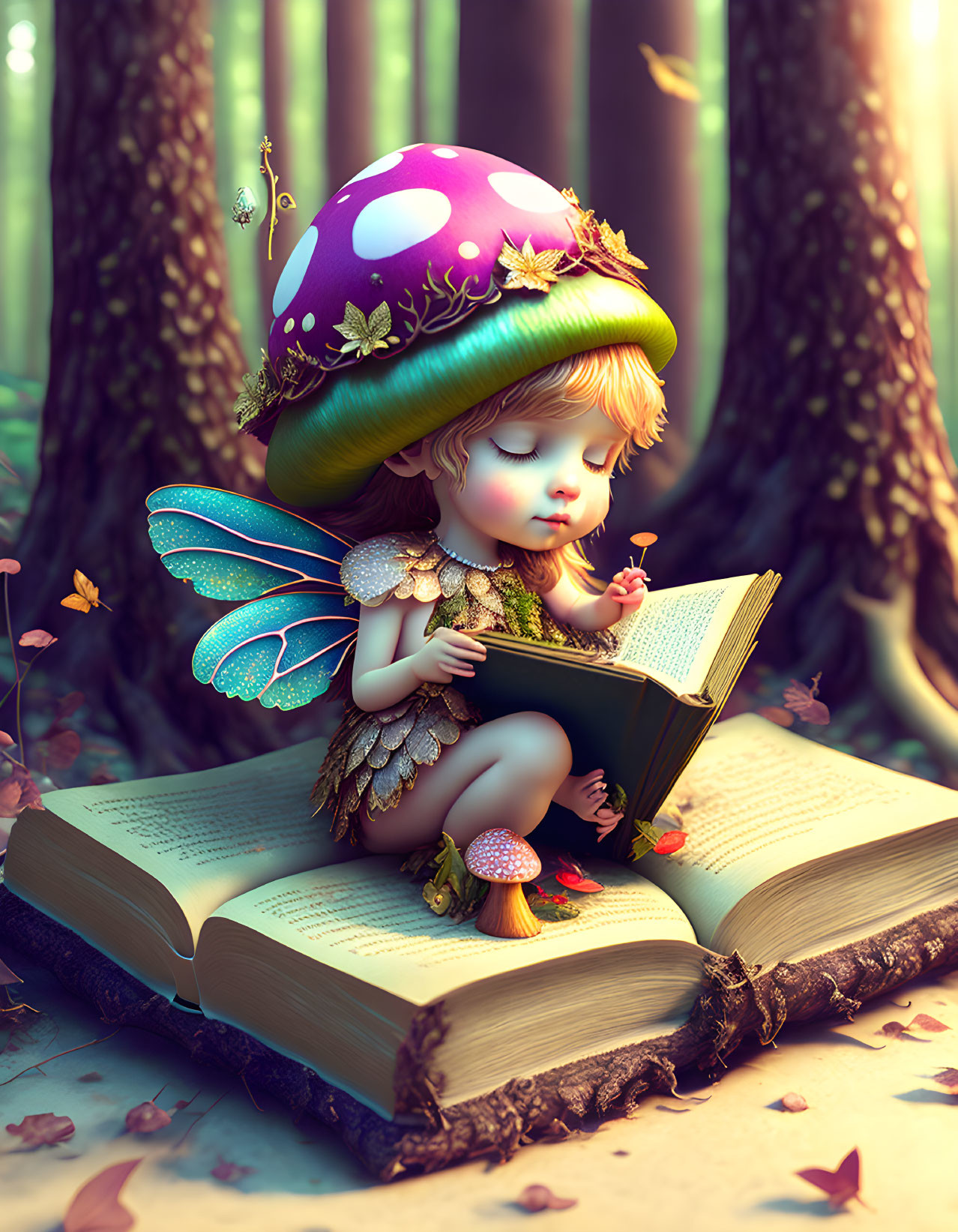 Whimsical fairy child with vibrant wings reading in enchanted forest