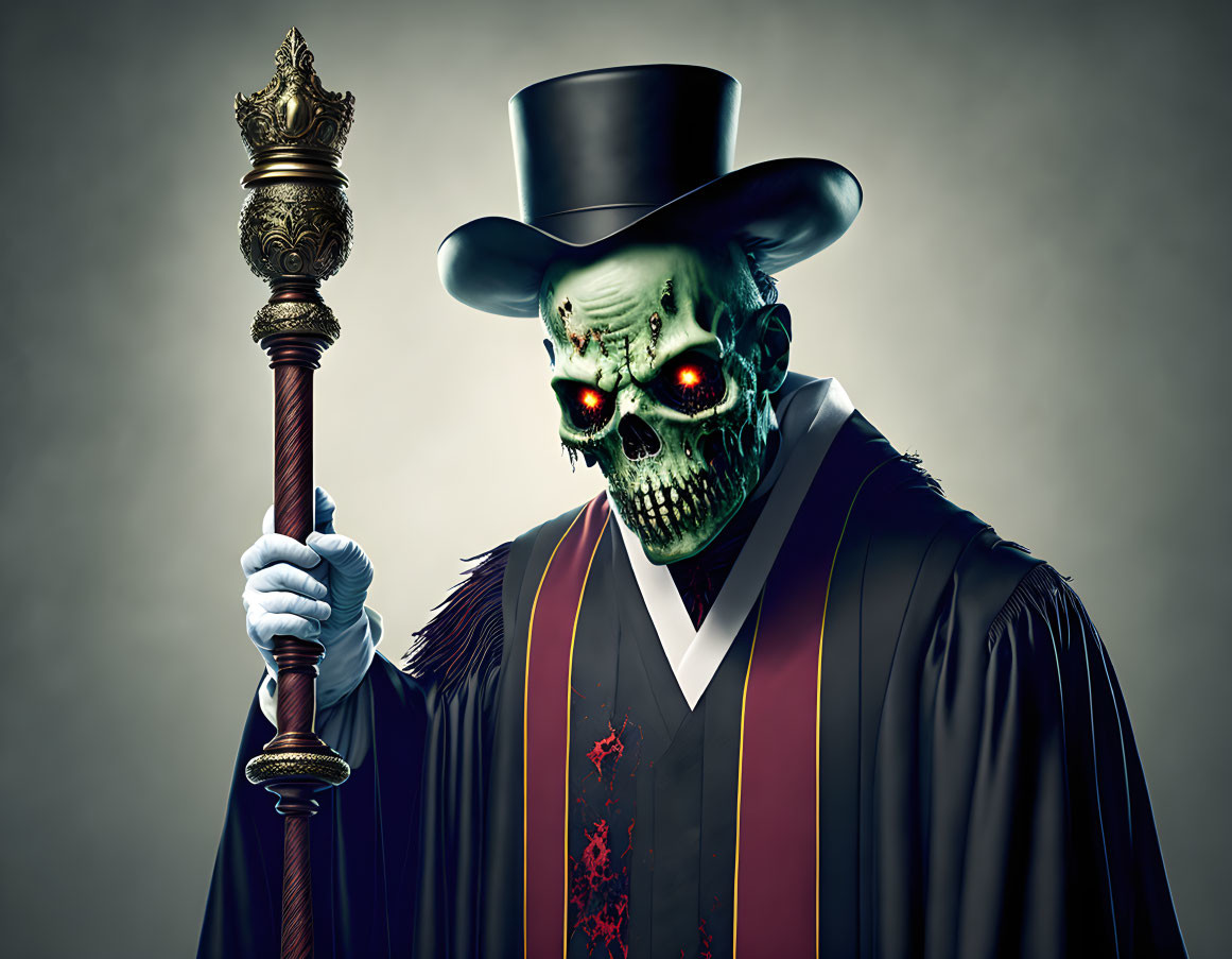 Vintage suit and top hat skeletal figure with eerie red eyes and ceremonial staff