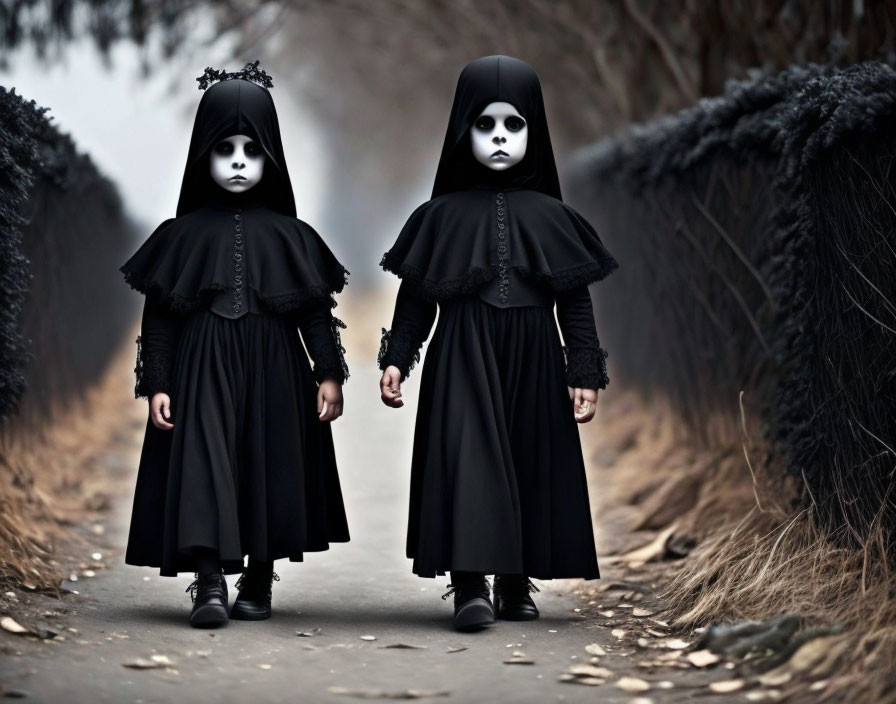 Children in black dresses on path with bare hedges: eerie ambiance