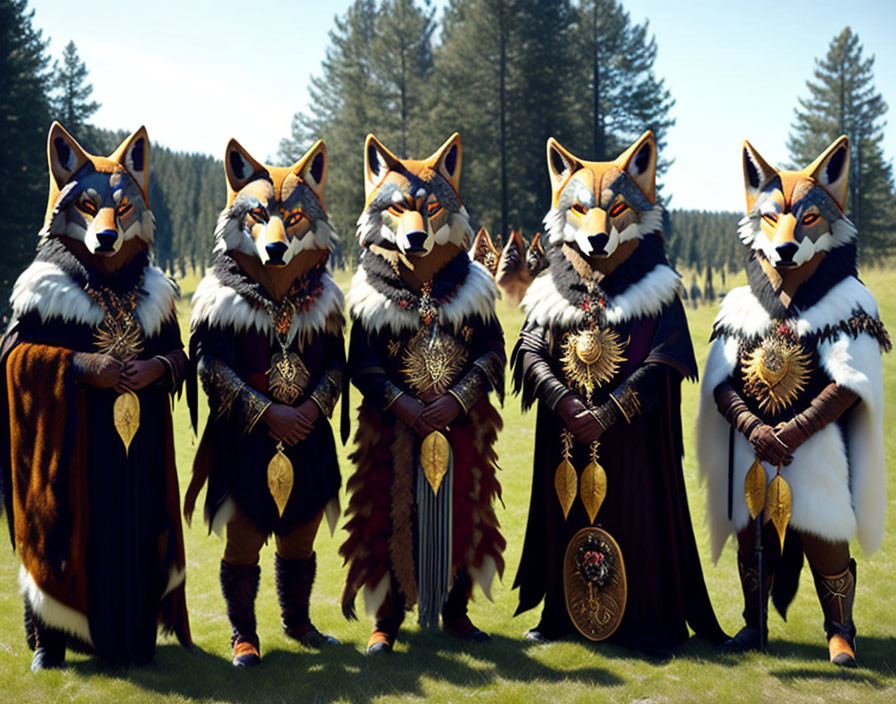 Costumed group in wolf attire with masks, cloaks, and medallions in forest setting