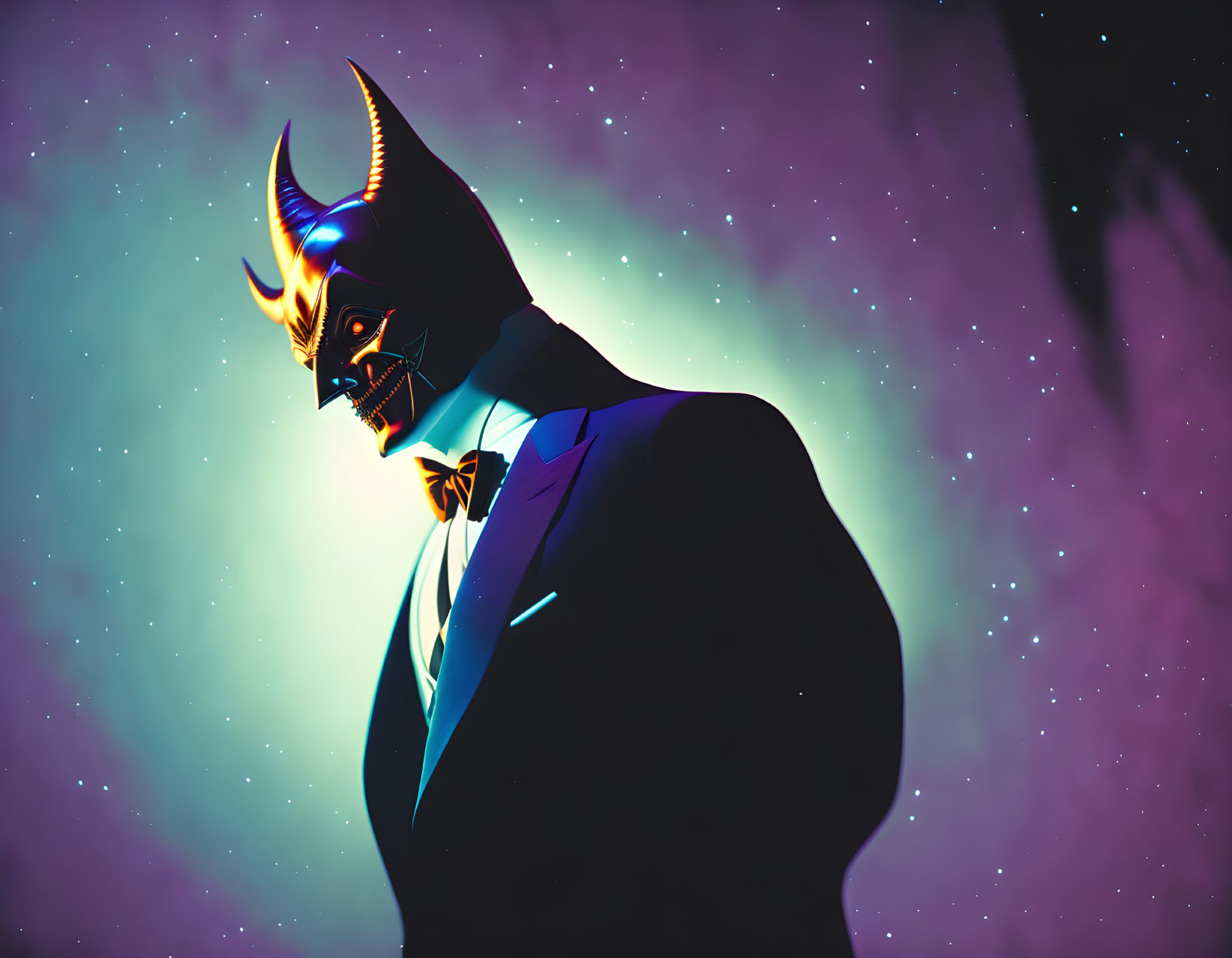 Person in Devil Mask in Suit Against Cosmic Background