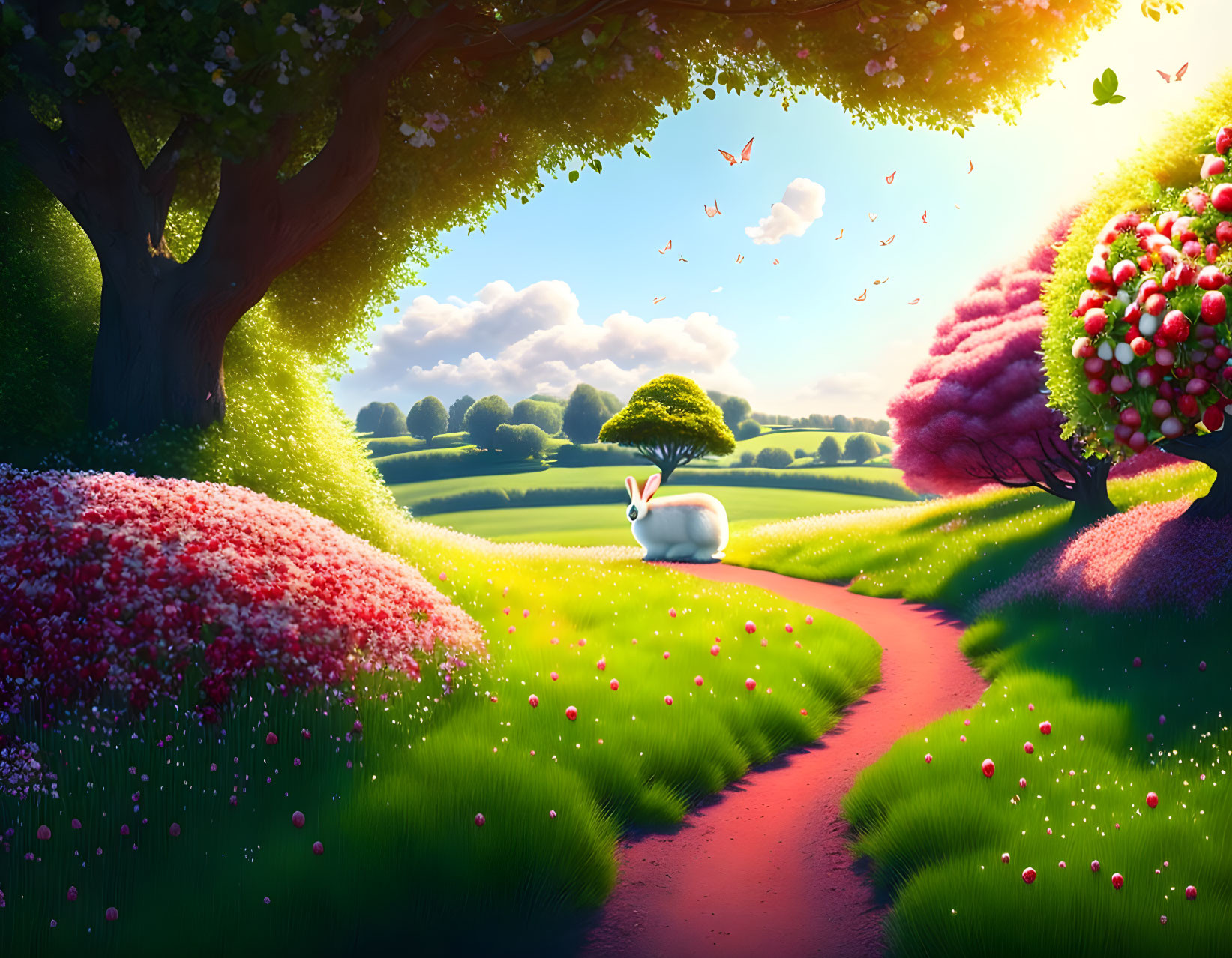 Colorful fantasy landscape with winding path, white rabbit, blossoming trees, and butterflies under sunny sky