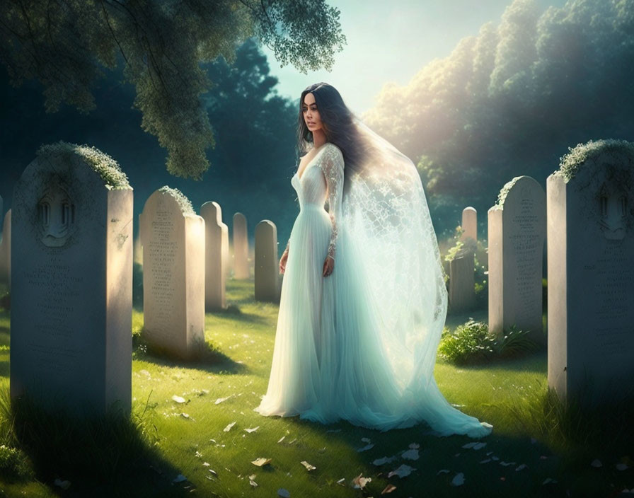 Woman in white dress among gravestones in peaceful cemetery