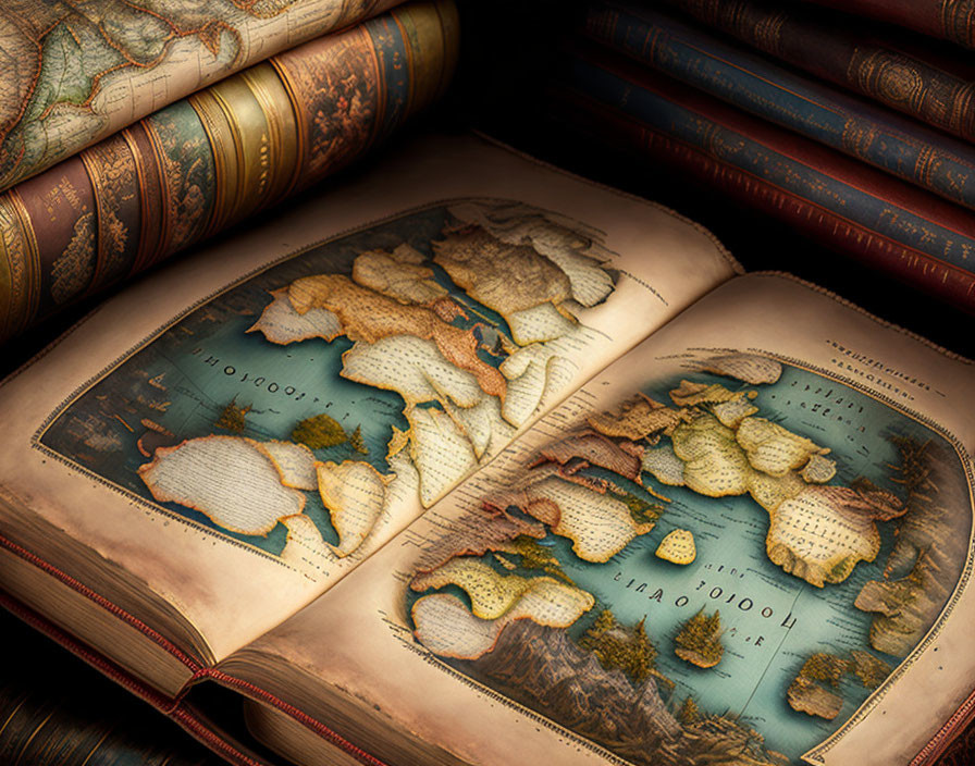 Vintage Atlas Featuring Detailed Ancient World Map Among Aged Ornate Books