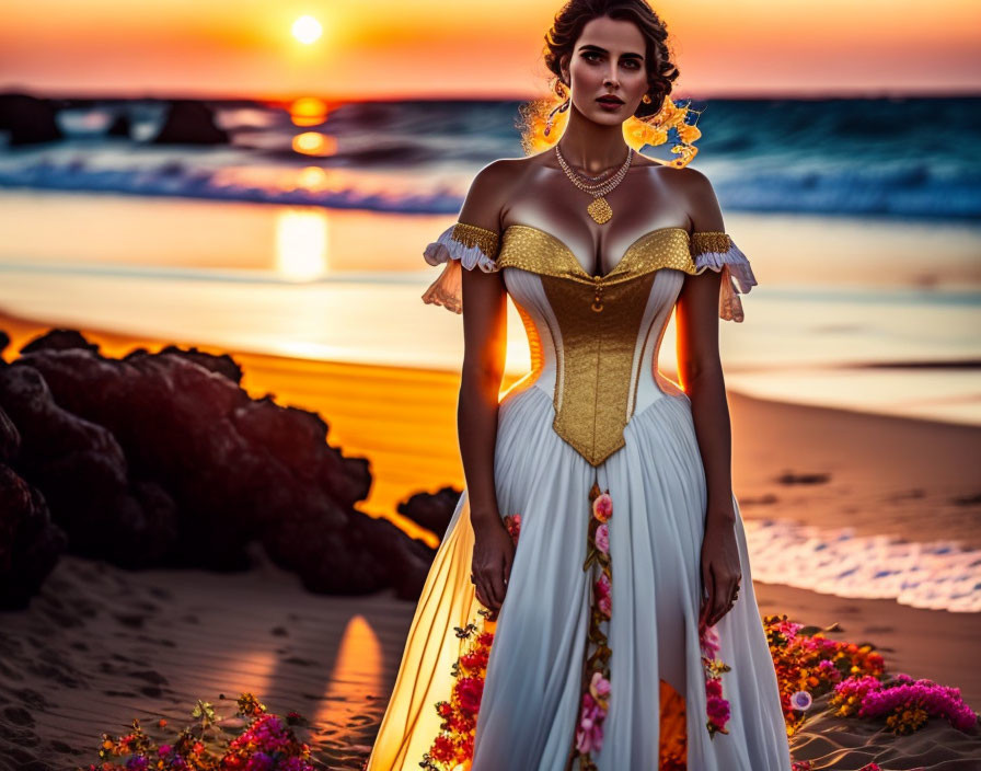 Woman in elegant gown on beach at sunset with flowers in hair.