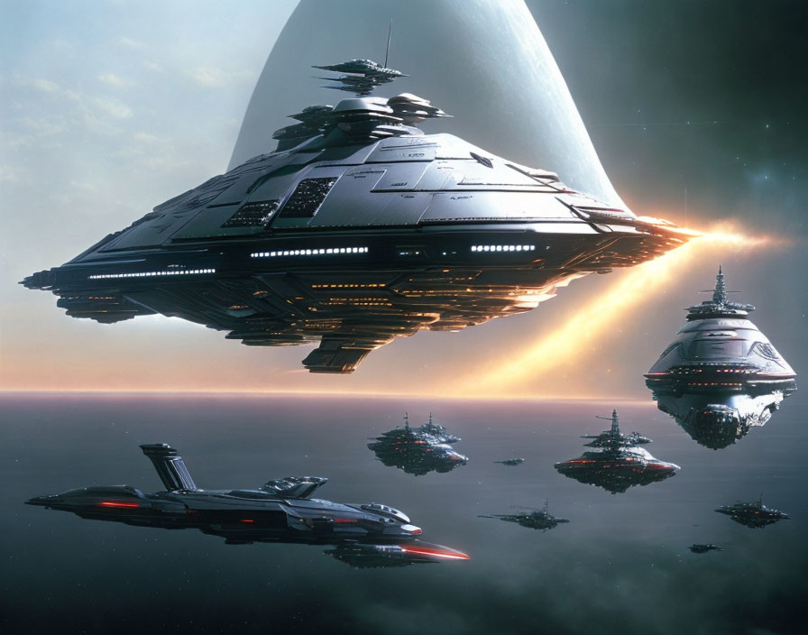 Futuristic spacecraft fleet with flagship and smaller ships against planet and star