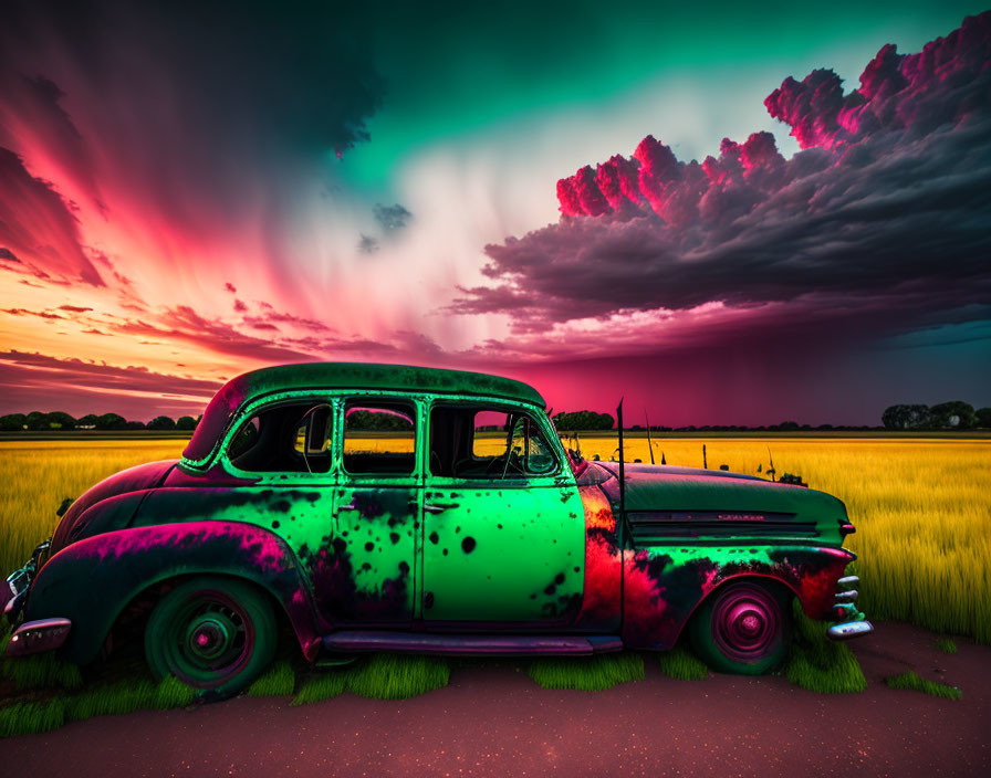 Classic Car in Field at Sunset Sky