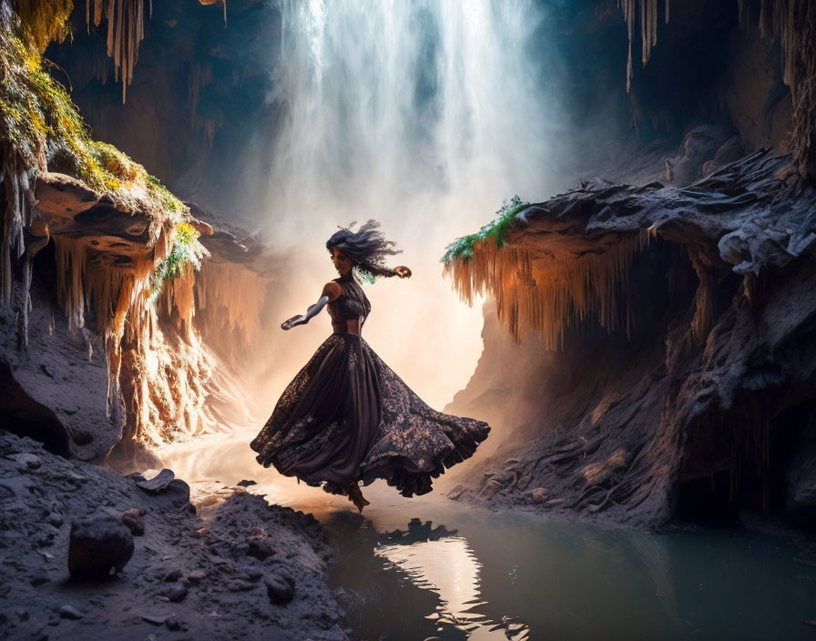 Woman in flowing dress in ethereal cave with sunlight and mist.