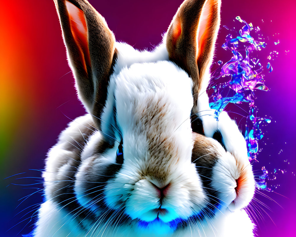 Colorful digital artwork: realistic fur rabbit on multicolored backdrop with water splash