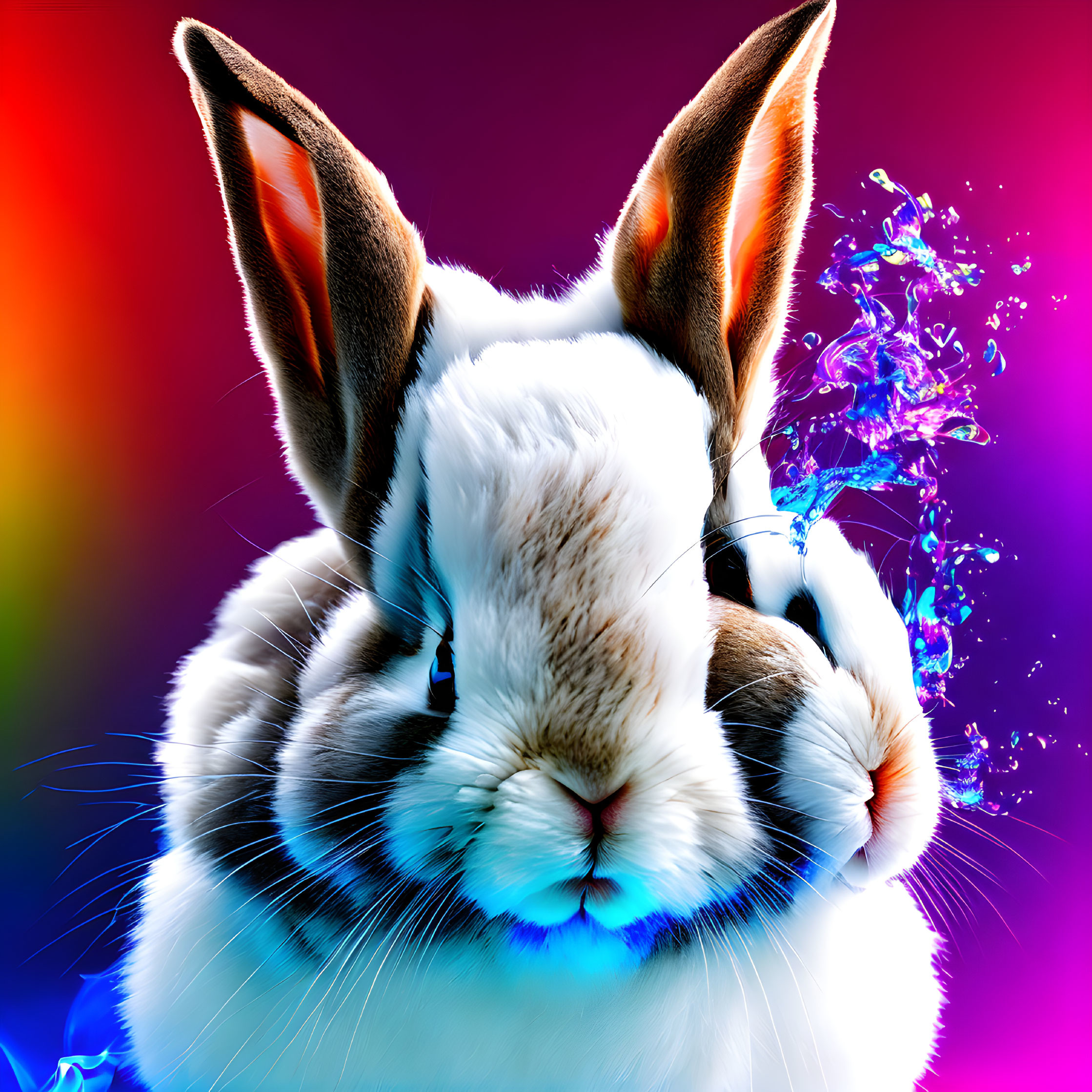 Colorful digital artwork: realistic fur rabbit on multicolored backdrop with water splash