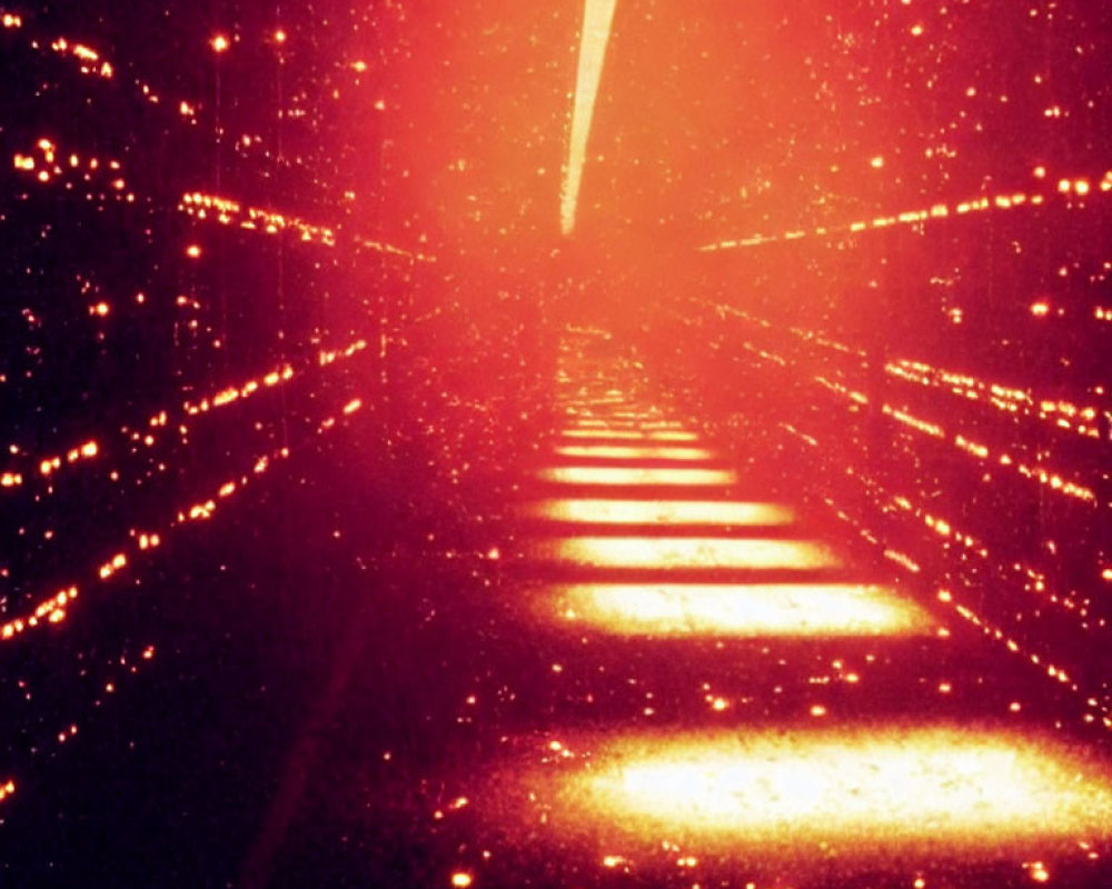 Symmetrical red-lit tunnel with bright light source