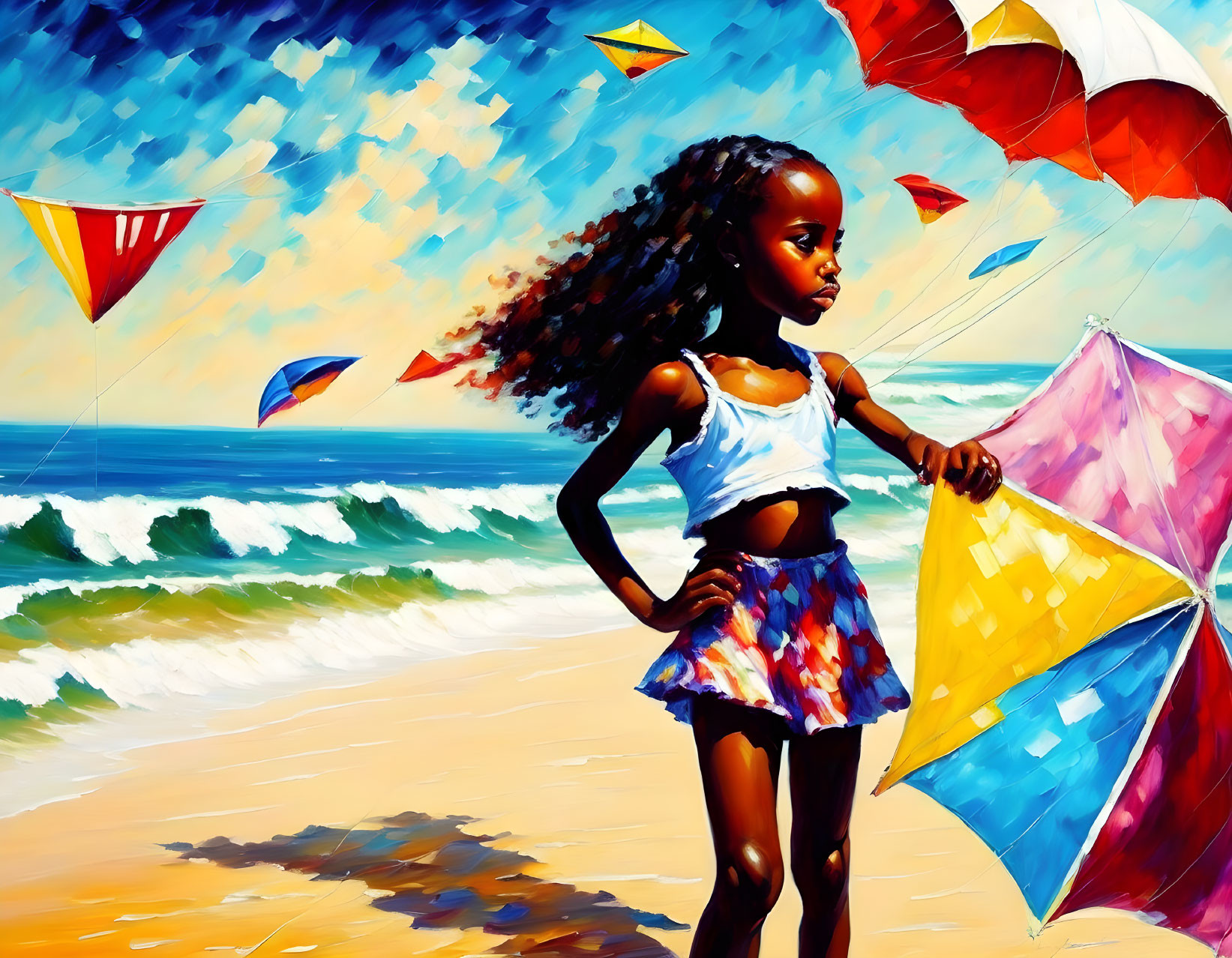 Young girl with flowing hair on vibrant beach holding colorful kite surrounded by flying kites