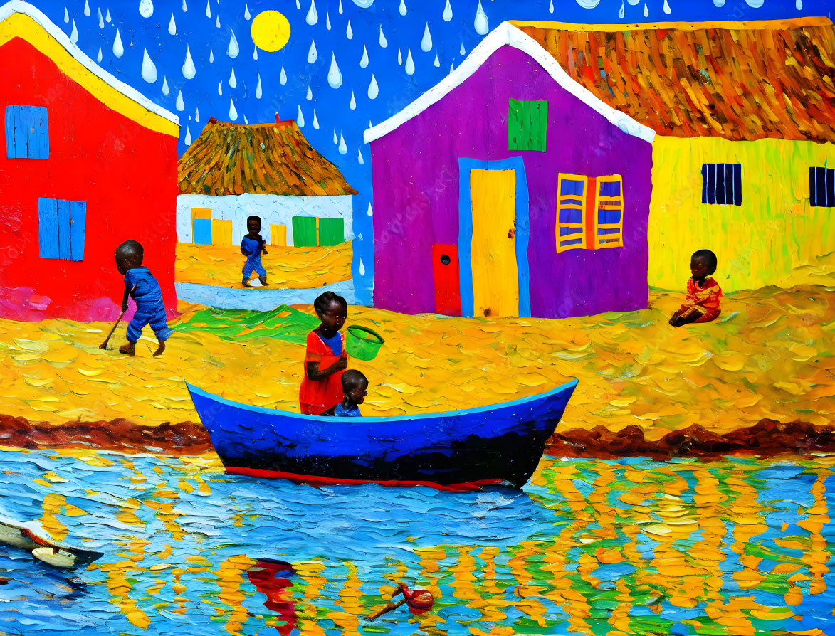 Vibrant village scene with children playing and boat on yellow water