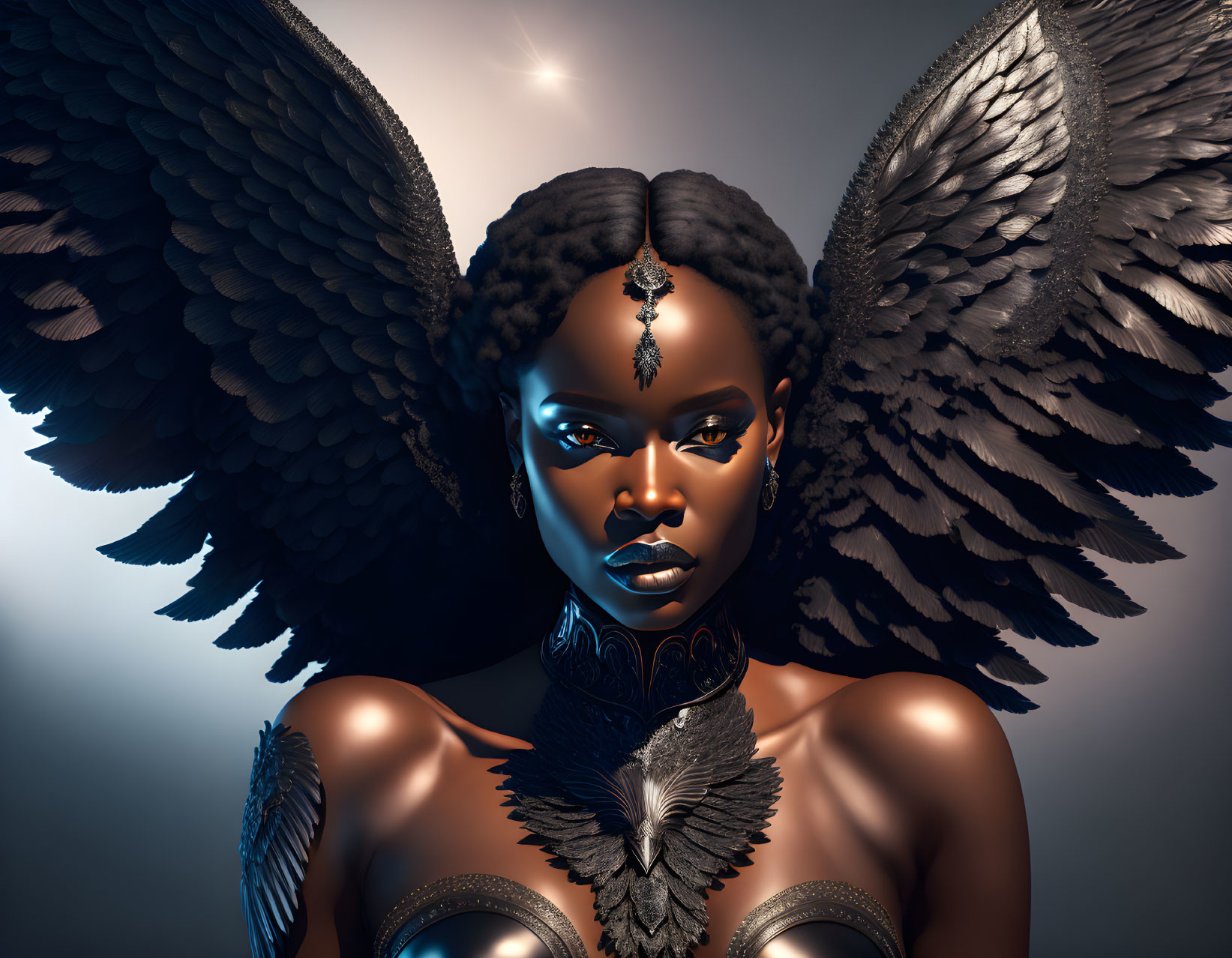 Dark-skinned woman with black feathered wings and intricate jewelry in stylized image