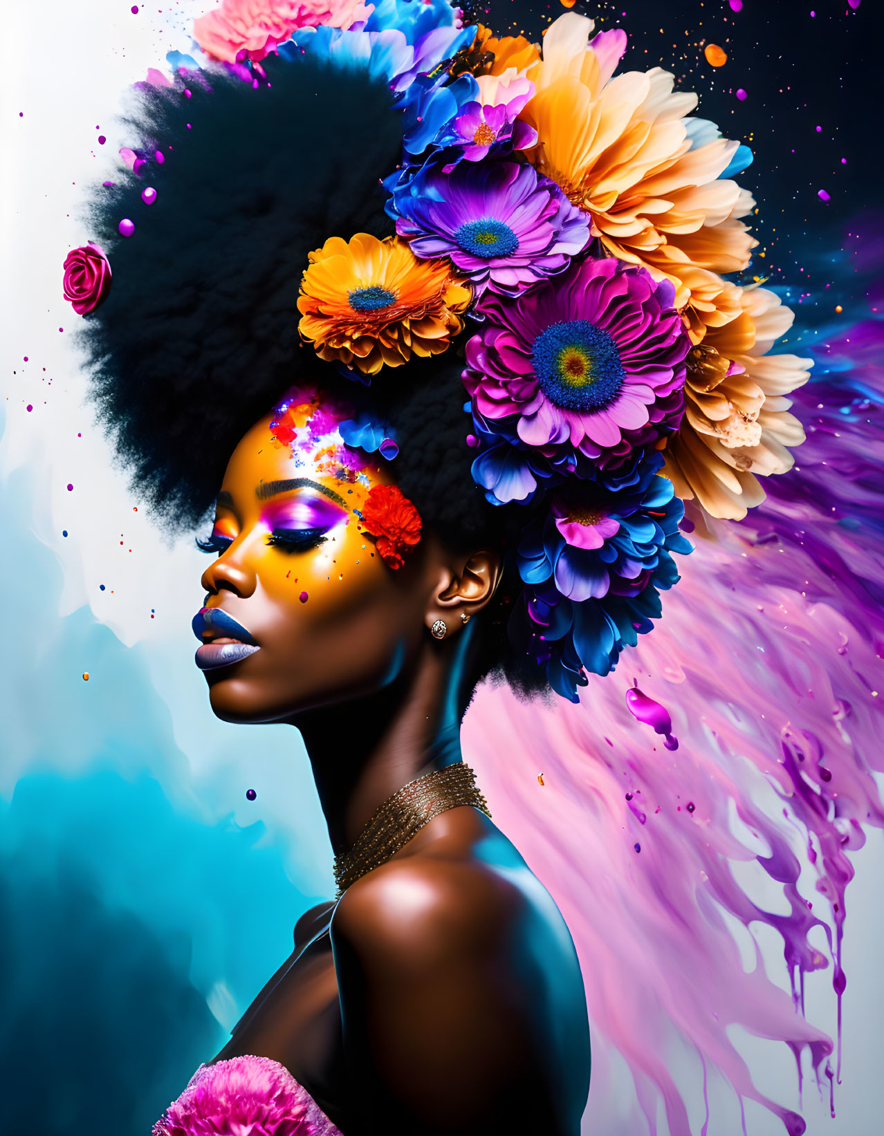 Colorful Portrait of Woman with Floral Headpiece & Vivid Makeup