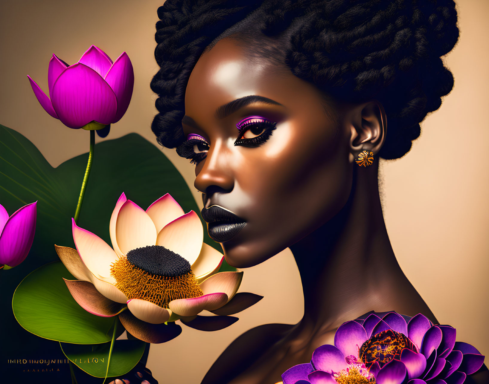 Digital art portrait of woman with dark skin, striking makeup, braided hair, and pink lotus