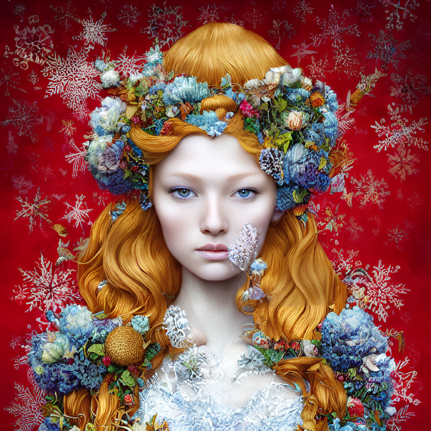Vibrant red-haired woman with flower crown on red background with snowflakes
