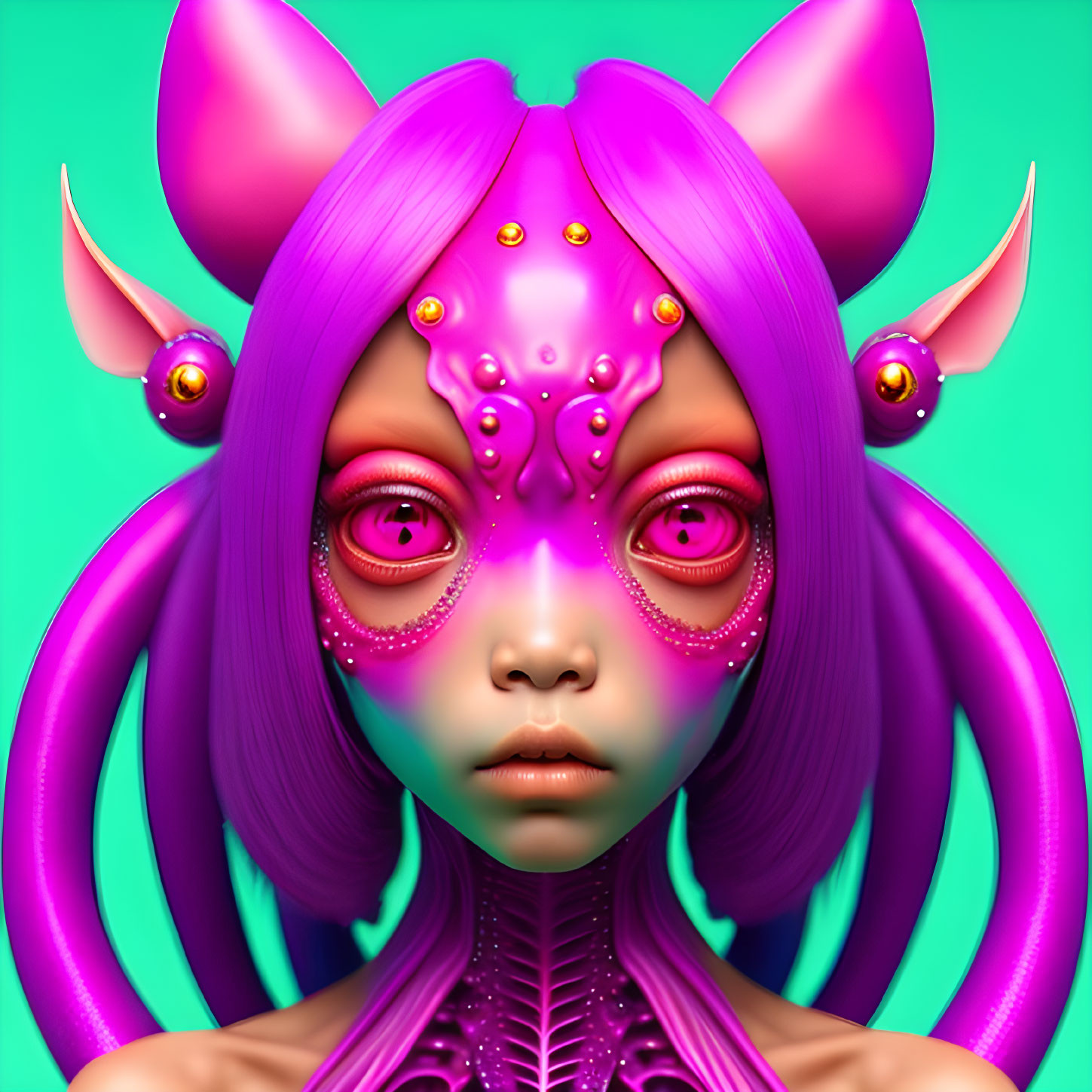 Colorful digital artwork: alien creature with purple hair and skin, large eyes, horn-like ears,