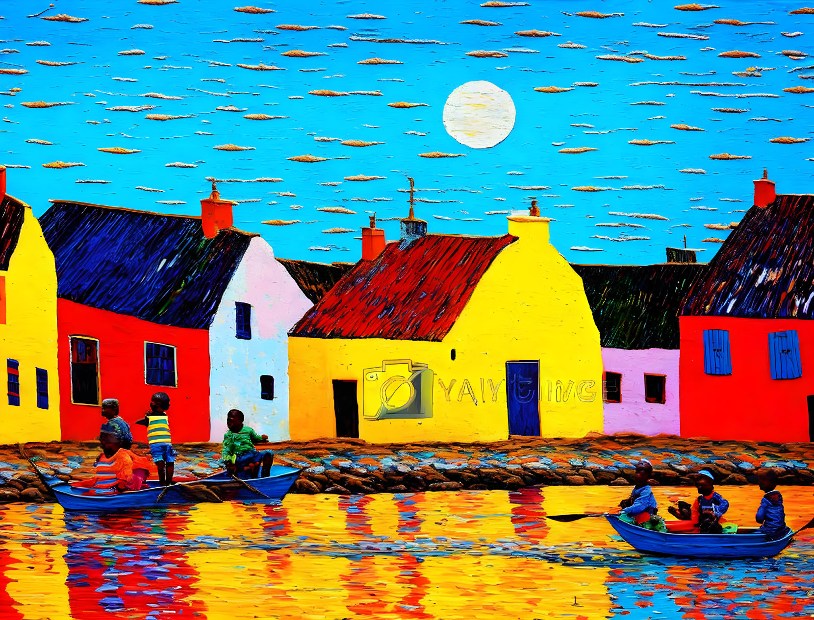 Vibrant painted scene: boats on water near colorful houses under blue sky