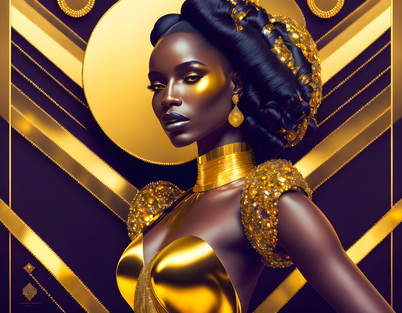 Golden-skinned woman in intricate attire on geometric backdrop