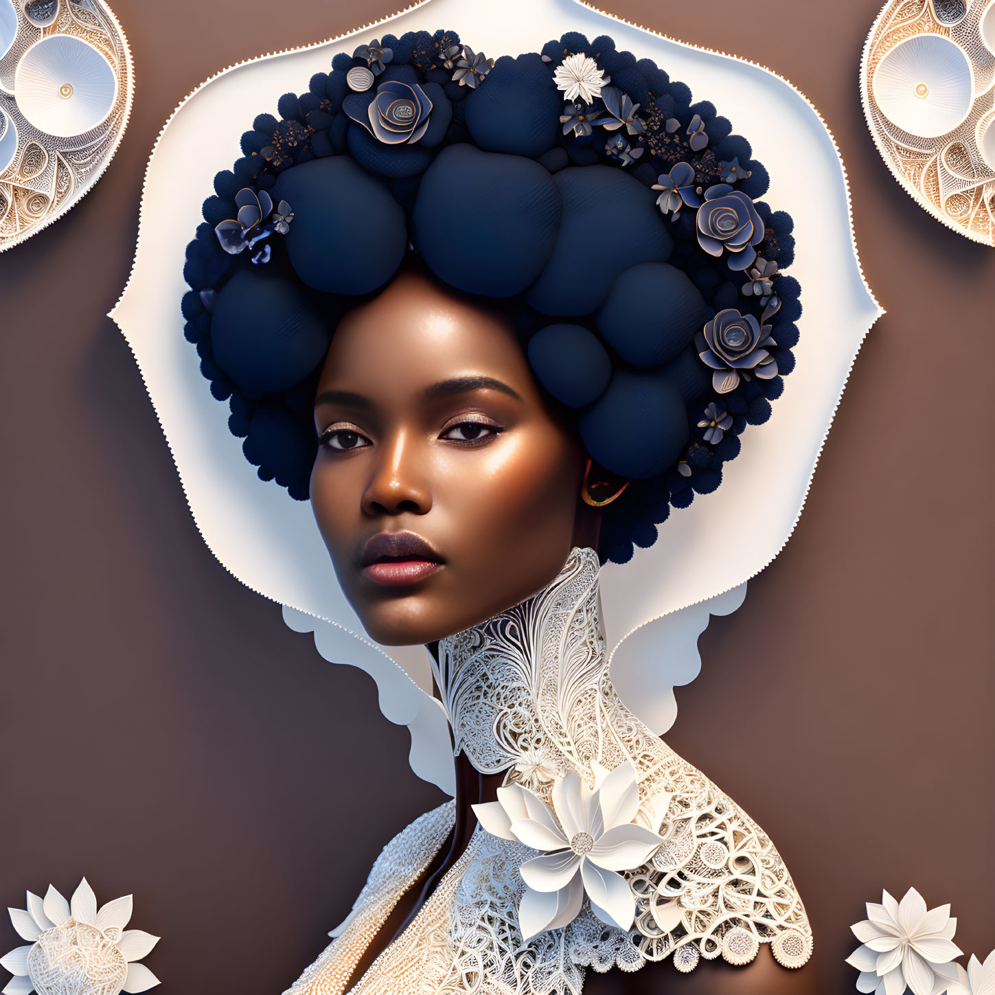 Digital artwork of woman with dark blue flowers, lace collar, earrings on brown background.