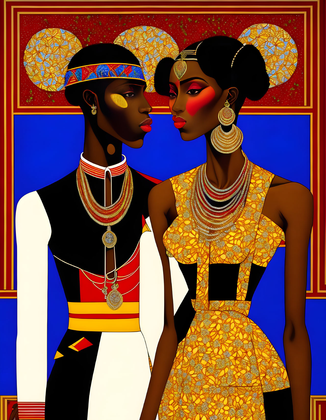 Stylized African-inspired figures in ornate attire on blue background