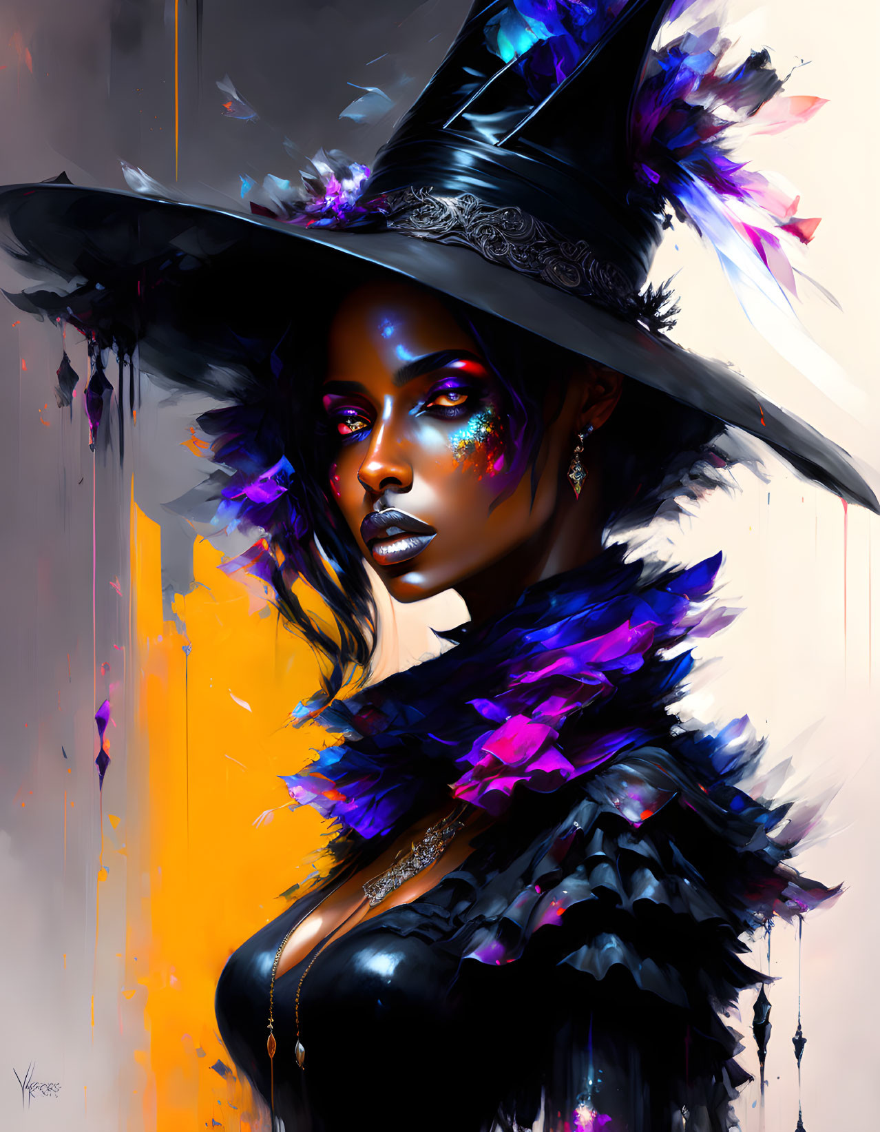Colorful digital artwork of a dark-skinned woman with a feathered hat and mystical aura