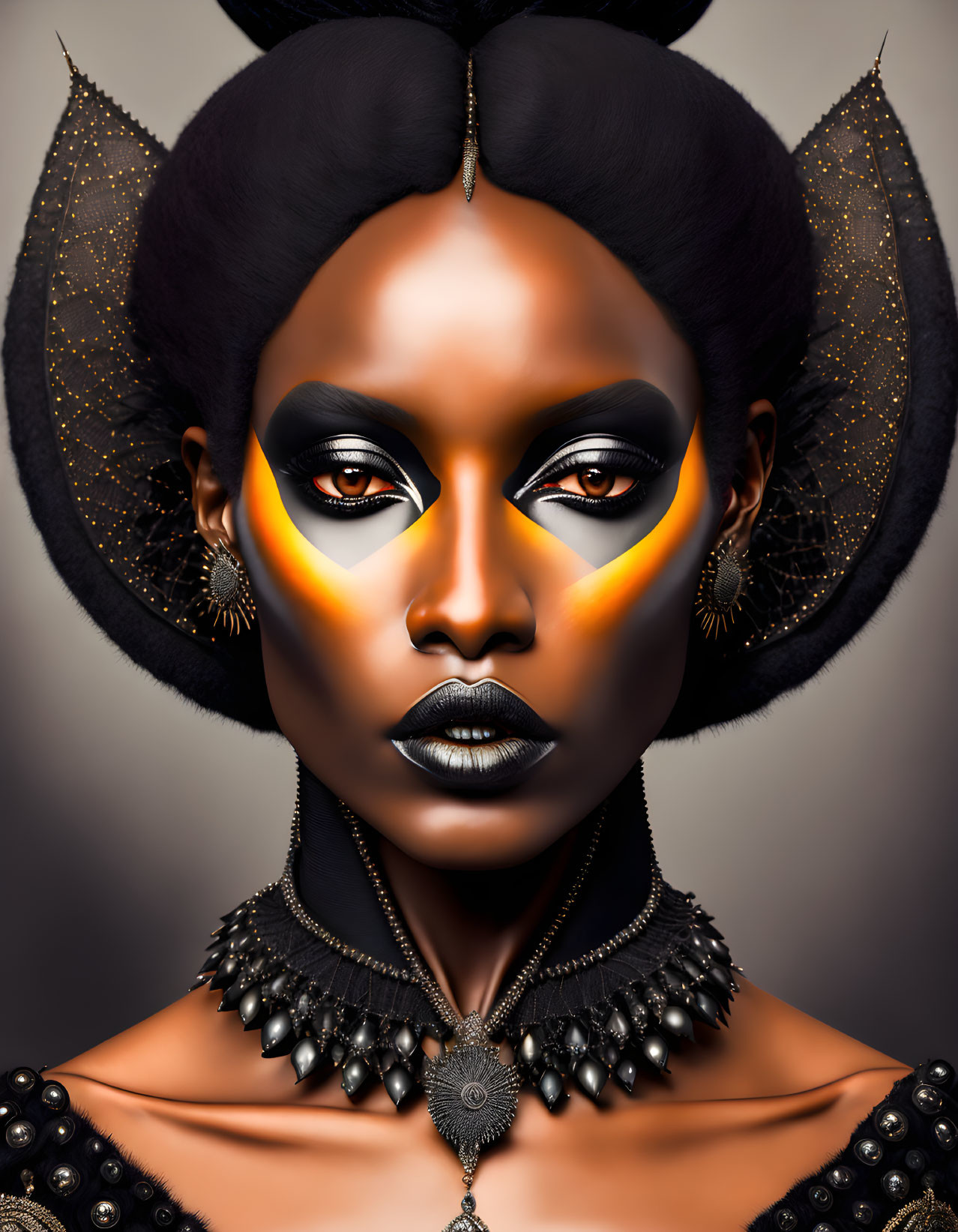 Digital portrait of person with dark skin and elaborate black, yellow eye makeup and jewelry.