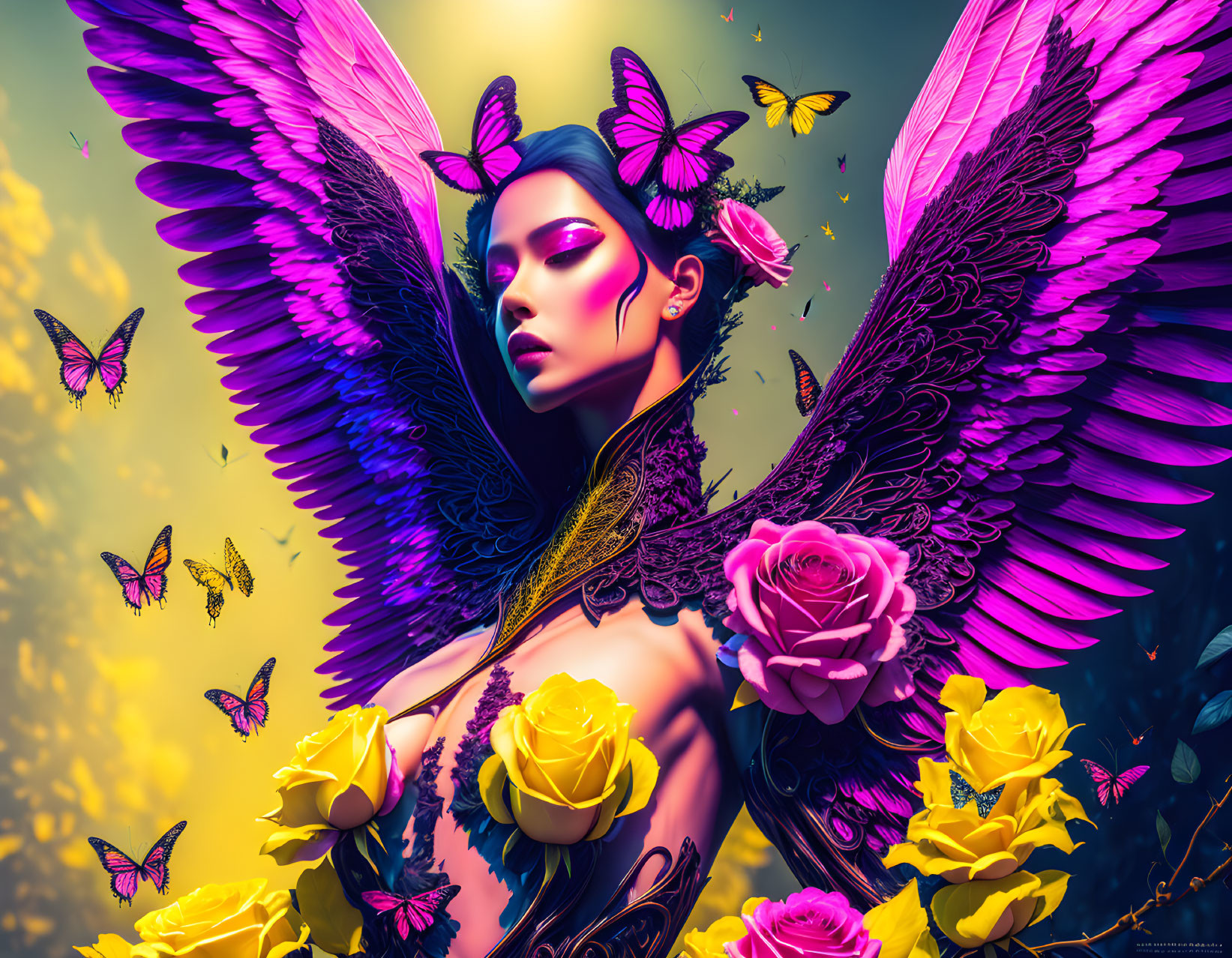 Colorful digital artwork featuring woman with pink wings and butterflies on yellow backdrop.