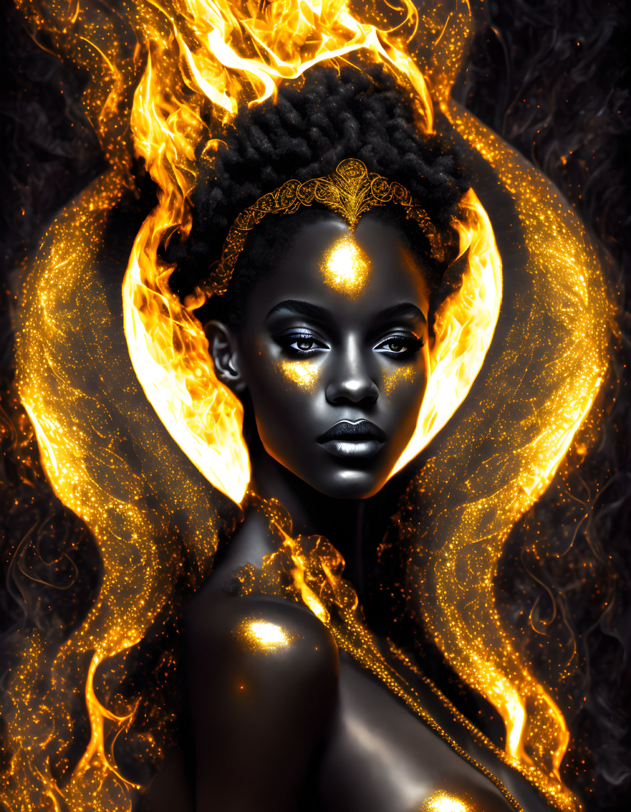 Digital art: Woman with dark skin and golden fiery aura, mystical and powerful.