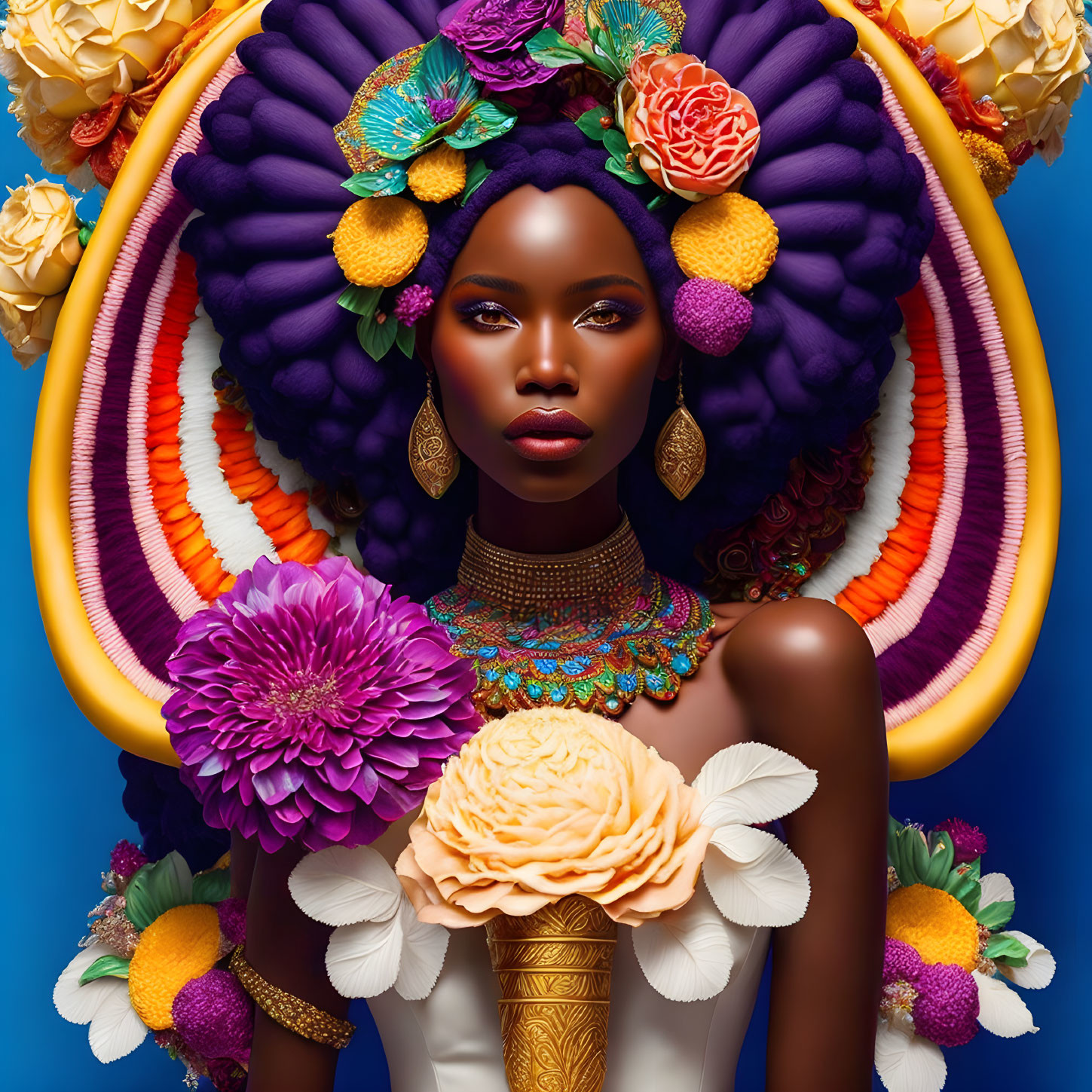 Vibrant floral headdress portrait against blue background