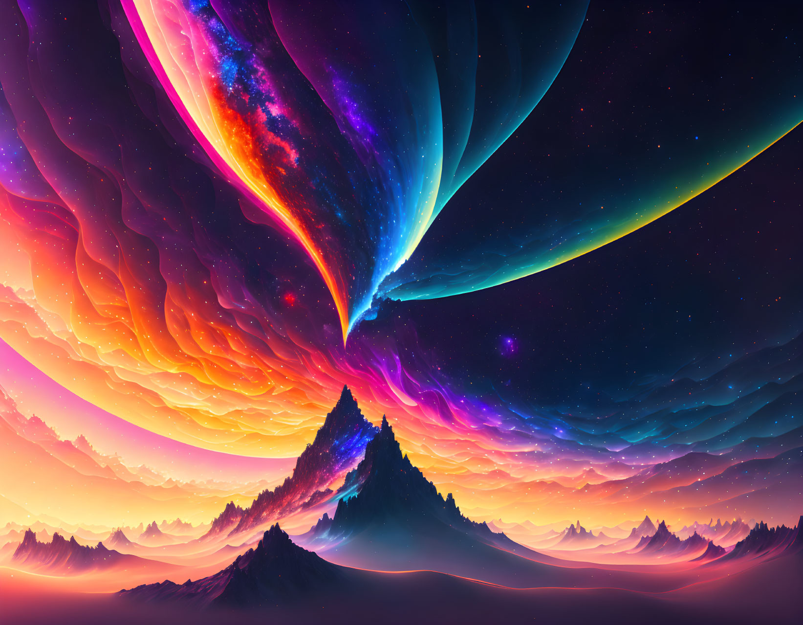 Colorful digital artwork: surreal landscape with mountain peak, celestial auroras, cosmic sky