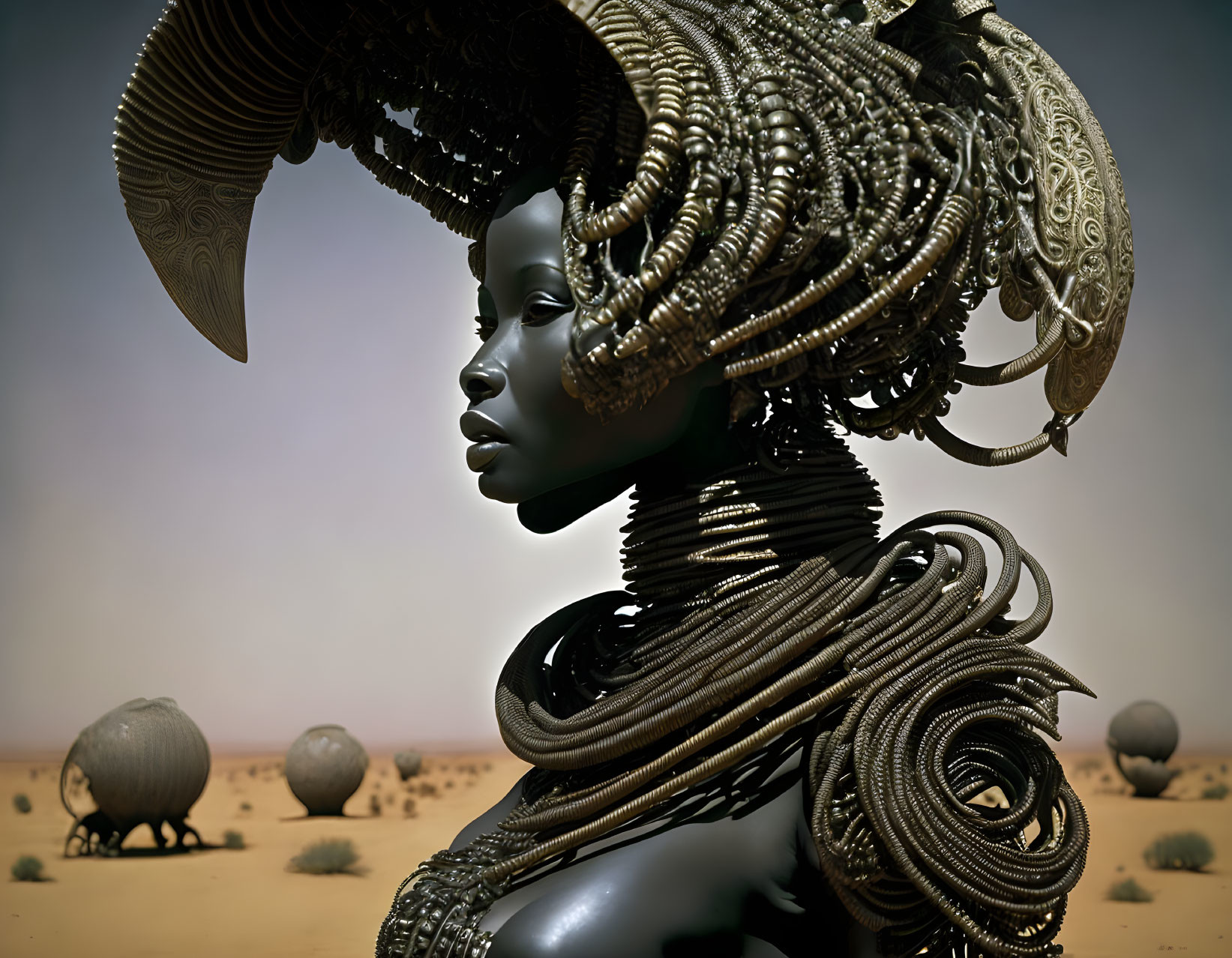 Elaborate woman 3D rendering with ornate headdress in desert setting