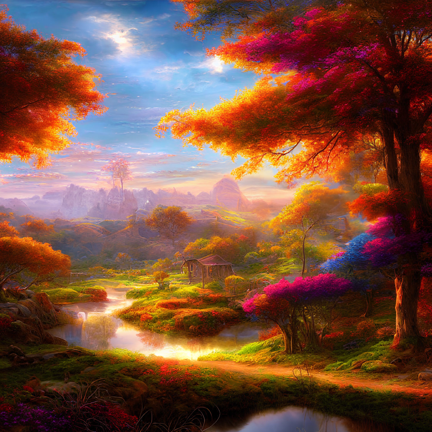 Colorful Fantasy Landscape with River, Cottage, and Rock Formations