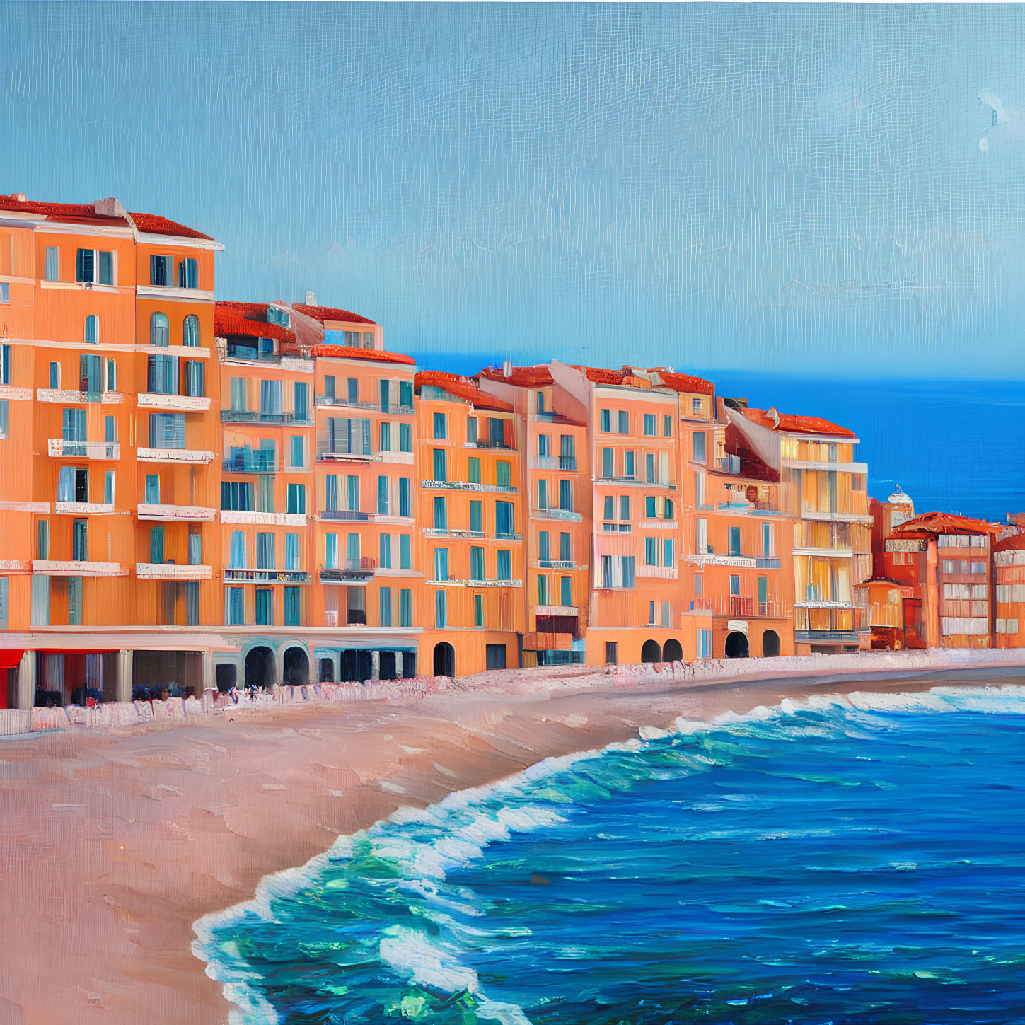 Vibrant Orange Seaside Buildings Overlooking Sandy Beach