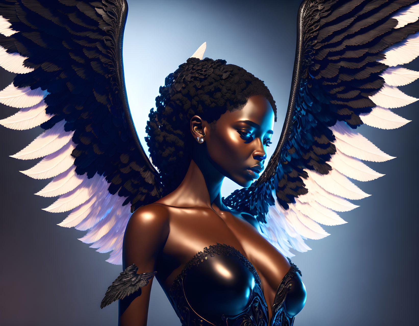 Digital artwork featuring a woman with dark skin, wearing a black corset and striking black and white wings