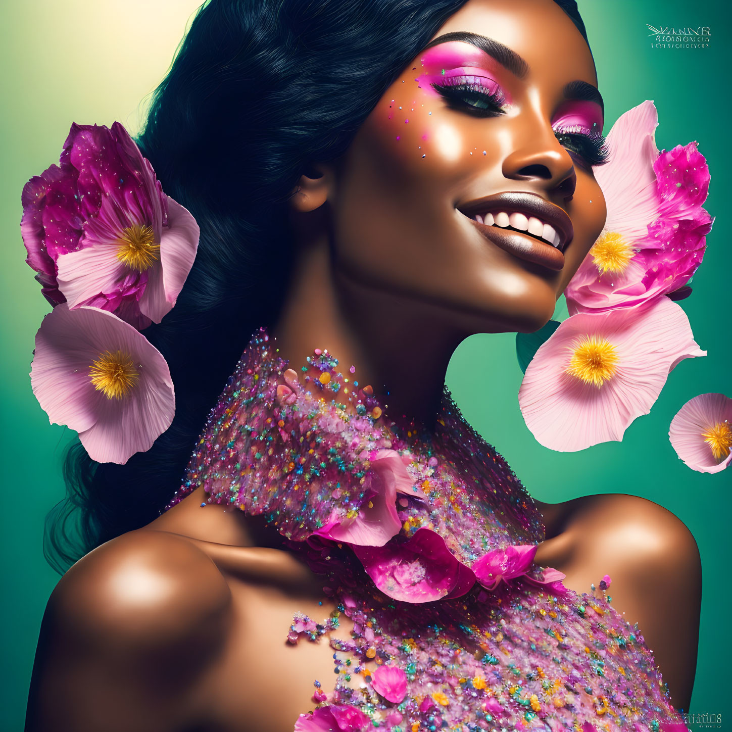 Sparkling pink makeup on joyful woman with flowers, vibrant turquoise background