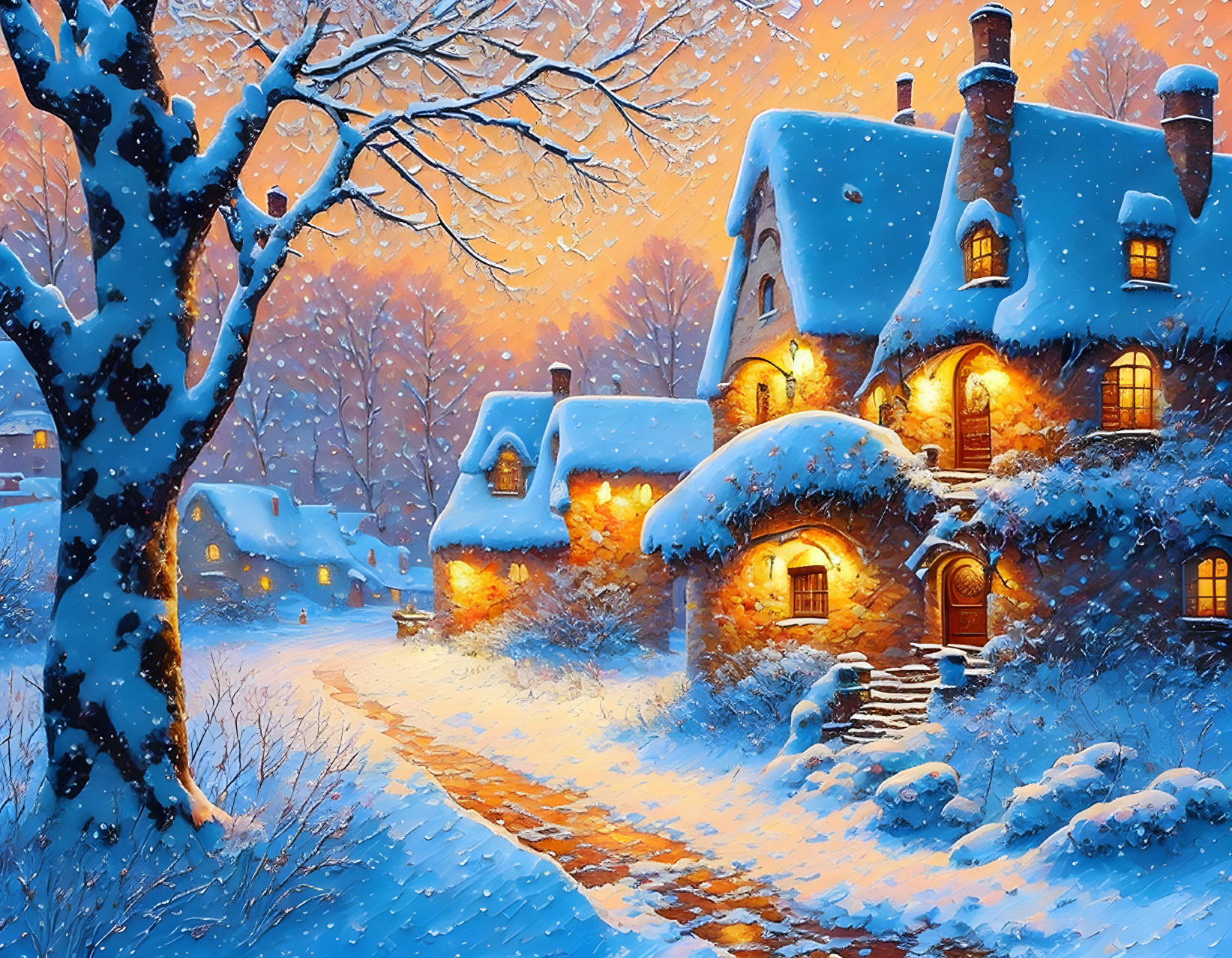 Snow-covered thatched-roof cottages in twilight winter scene with glowing windows and frosty trees