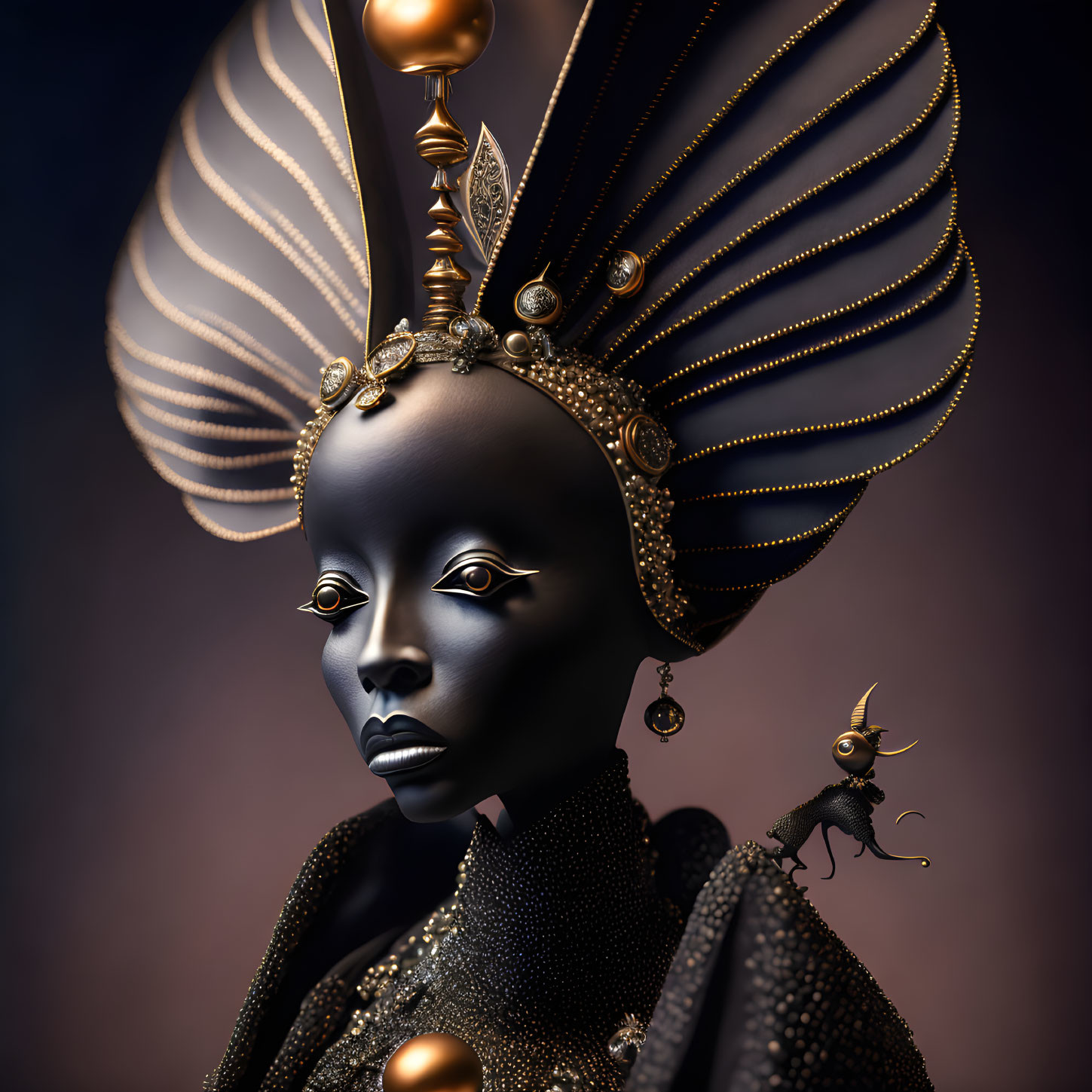 Stylized digital artwork of female figure with ornate headpiece and golden accents