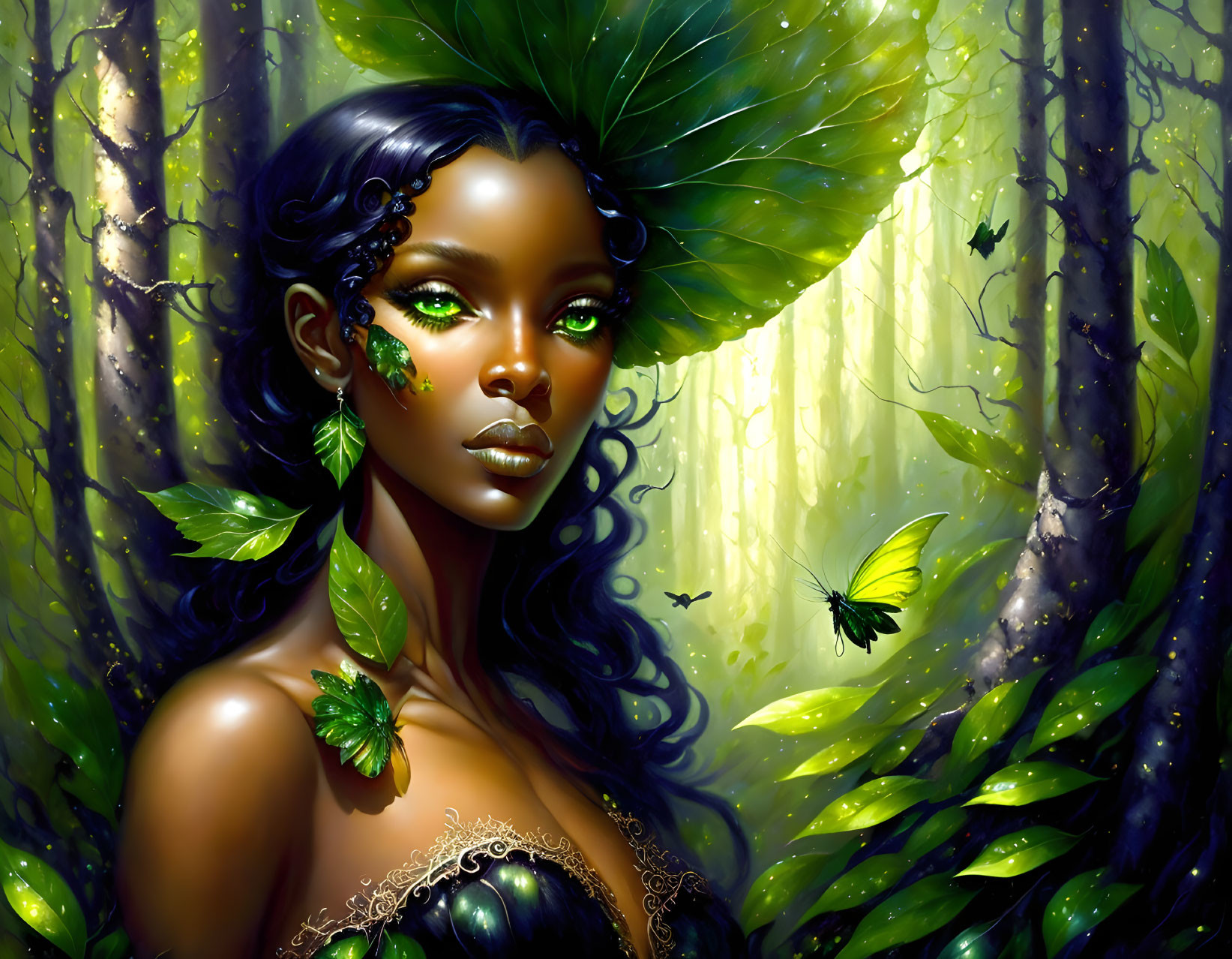 Fantasy illustration of woman with green eyes in forest setting