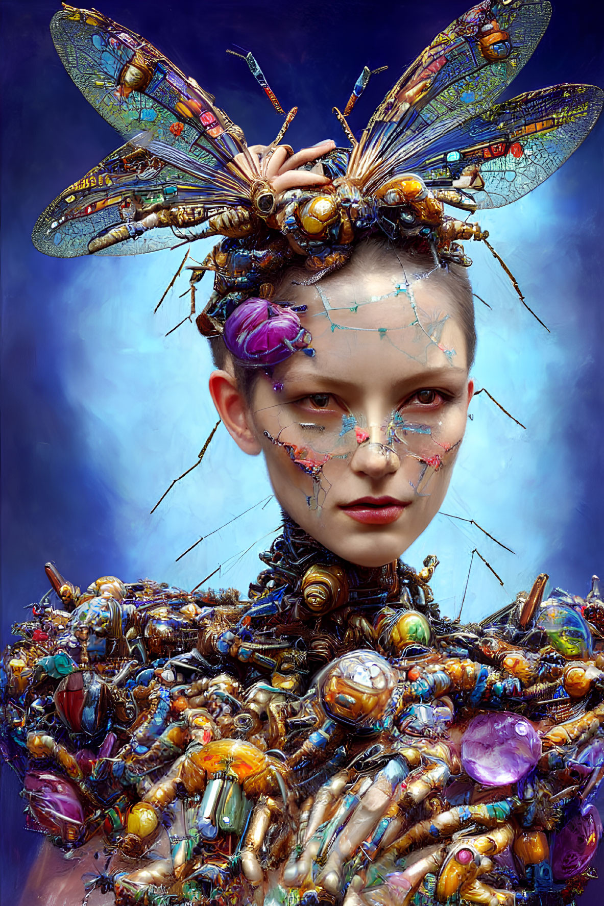 Intricate mechanical insect-like adornment on person's head and shoulders