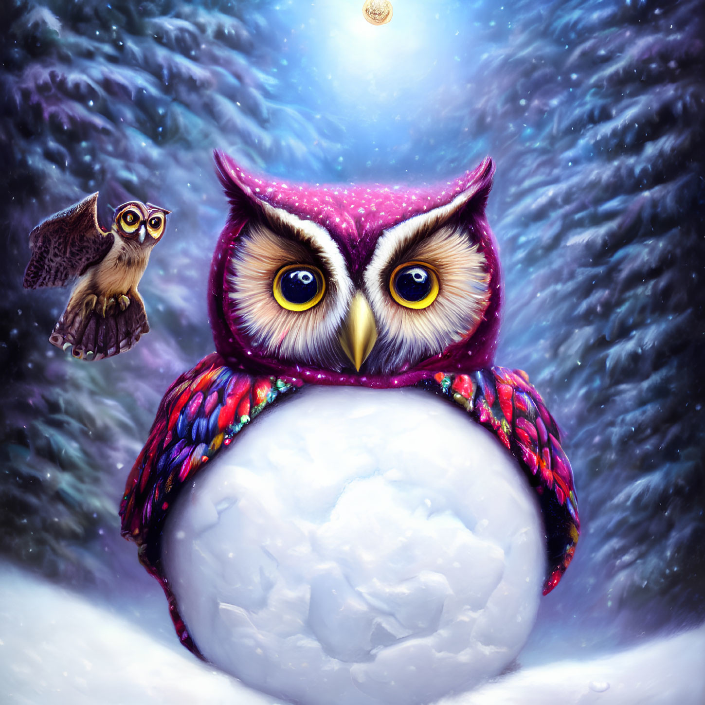 Colorful Owl Perched on Snow Body with Flying Companion in Starry Sky