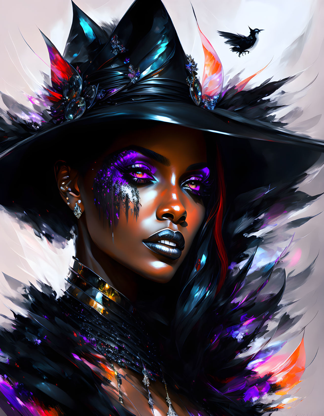 Dark-skinned woman in wide-brimmed hat with crystals and feathers, accompanied by flying raven